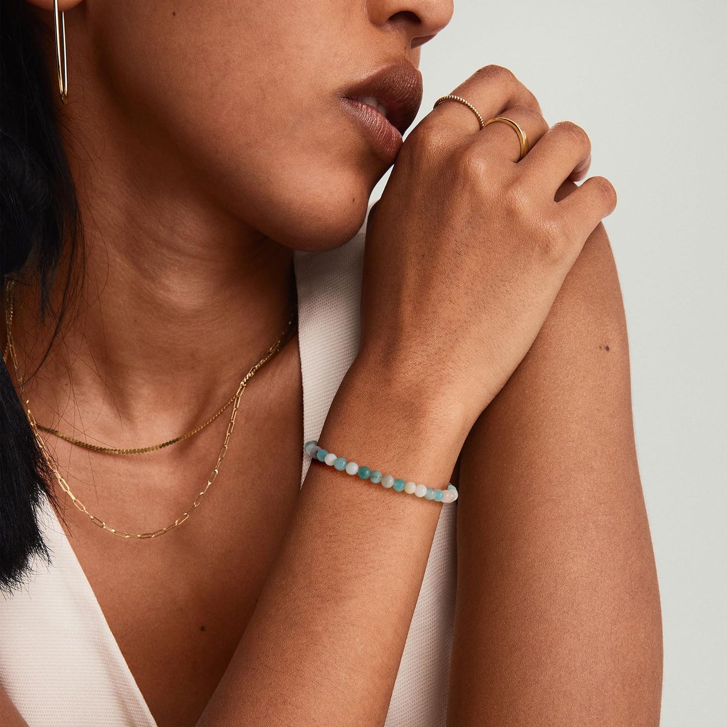 Risyfjew 4MM Handmade Amazonite Natural Gemstone Stretch Elastic Bracelet,PE Film Anti-oxidation Packaging Natural Stone Crystal Healing Power Energy Gifts for Adult