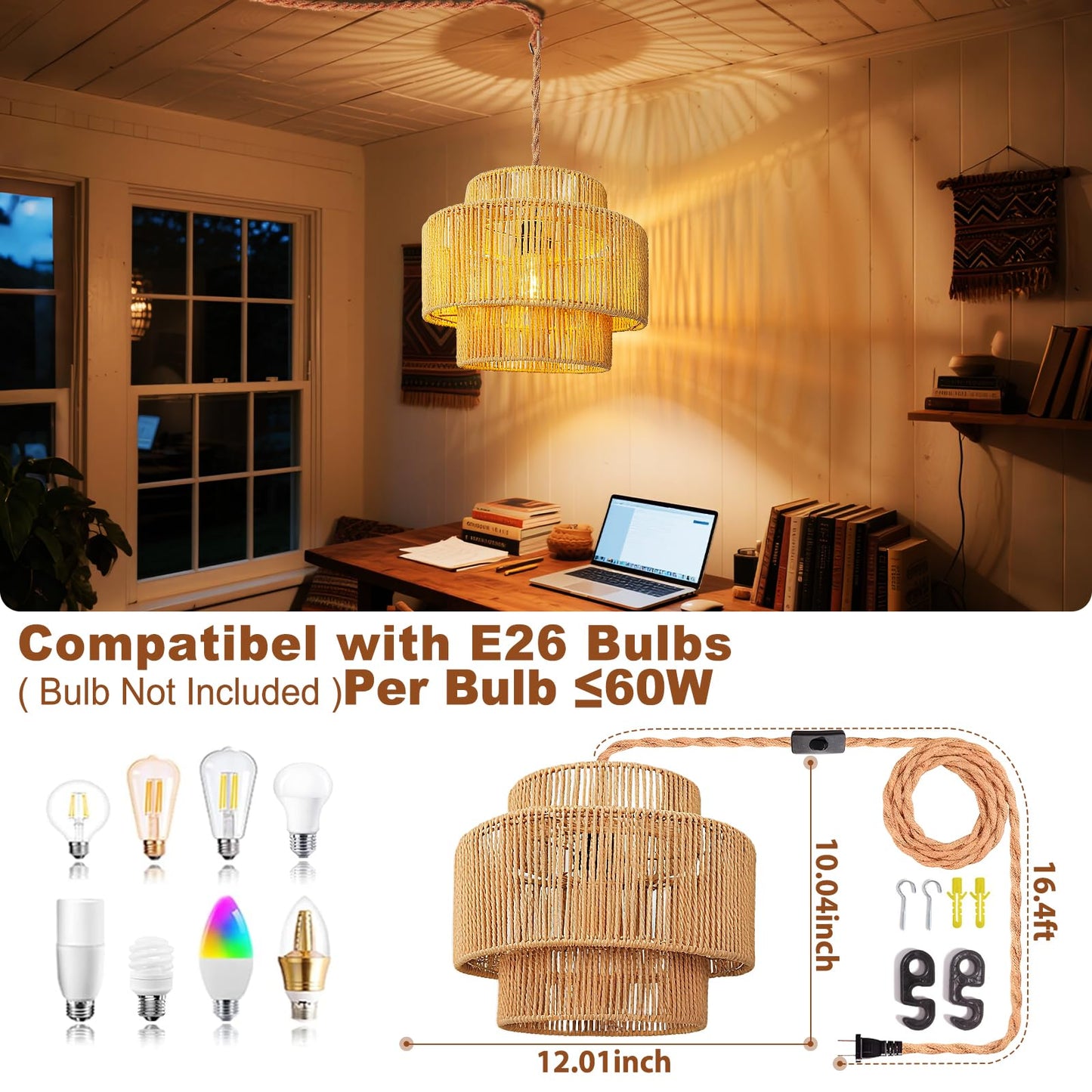 Maliralt Hanging Lamps Rattan Pendant Light - 16.4ft Plug in Cord Hanging Light Fixture Plug Into Wall Outlet Pendant Lighting with On Off Switch for Bedroom Living (Lantern Shade)