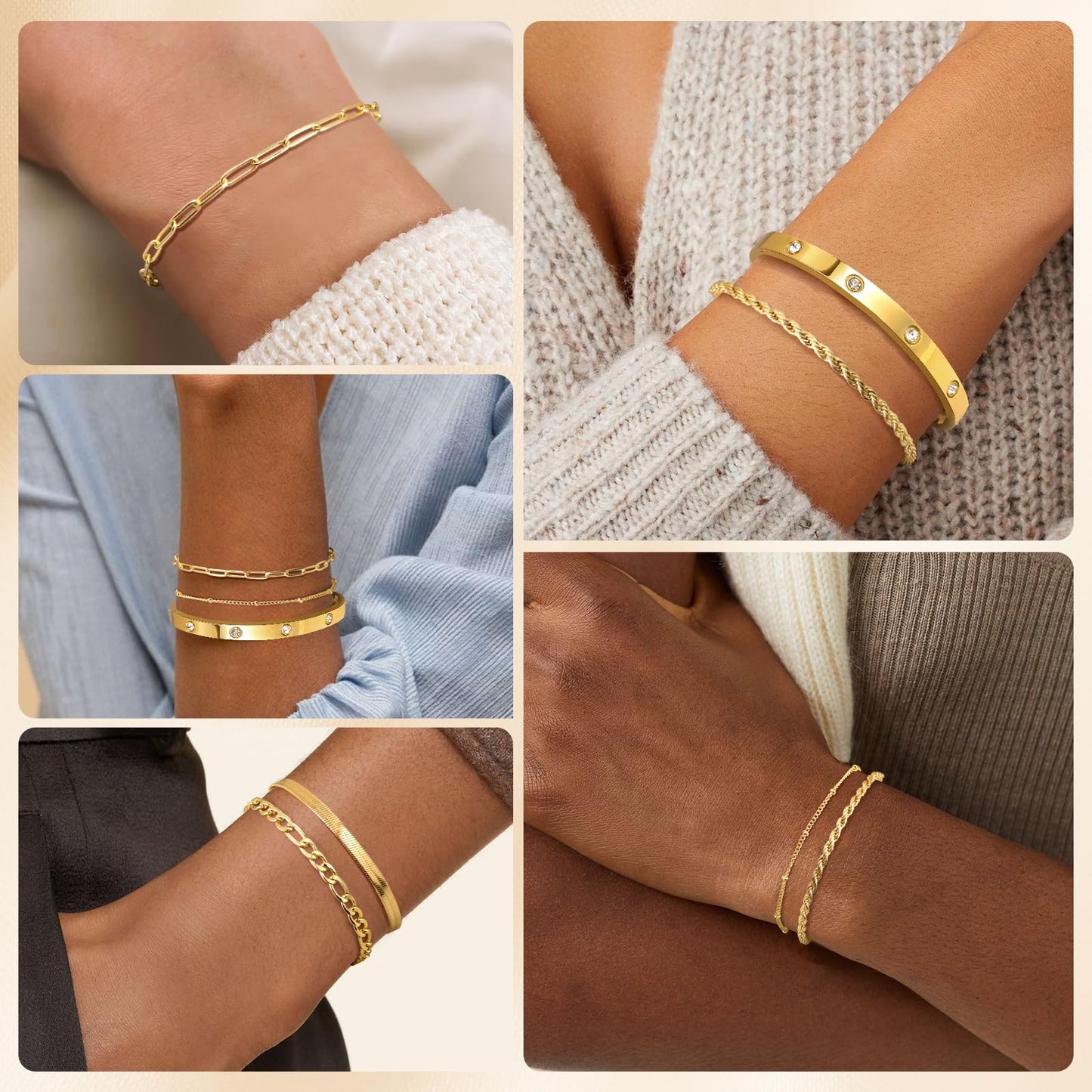 MOINSPIRE Gold Bracelets for Women Non Tarnish, Dainty 18K Gold Plated Bracelets Stack Trendy Waterproof Stackable Bangles, Cuban Link Paperclip Chain Jewelry Set Fashion Accessories Gifts for Women