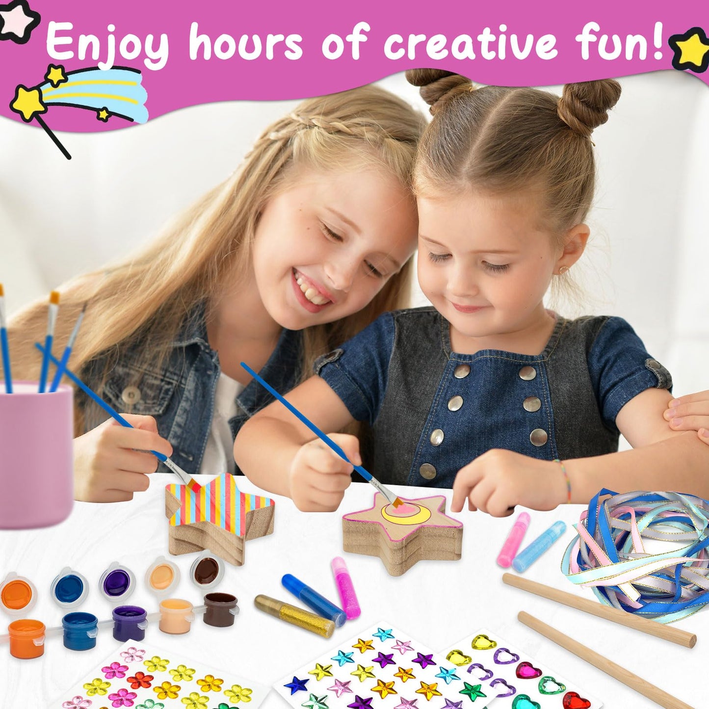 Ambesi Make Your Own Princess Wand Craft Kit, 4PCS Thick Wooden Fairy Wands with Gem Stickers & Ribbons, Art Kits for Toddler, Girls Painting Crafts Birthday Holiday Gifts for Girls Ages 3 4 5 6