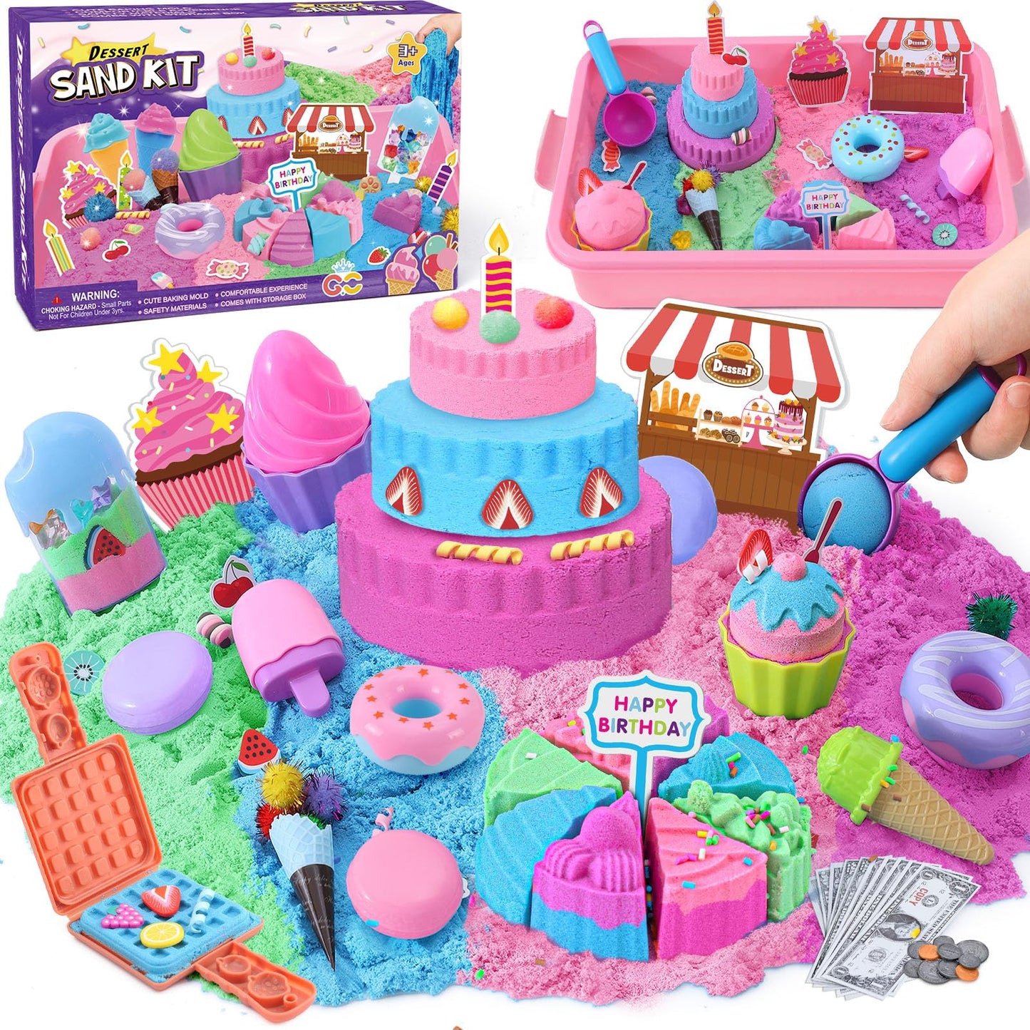 Golray Ice Cream Sensory Bin for Girls, Play Sand Art Kit with Sandbox, 2lb Magic Sand, Cake & Waffle Molds, Pretend Play Desserts Toys, Sensory Toy Set Gifts for Girl Toddlers Ages 3 4 5 6 7 8