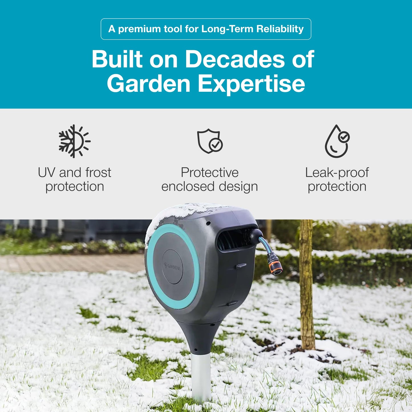GARDENA 18614 | 66' x 1/2" Automatic Retractable Garden Hose Reel on Metal Spike, Outside Garden Hose with 360° swivel. No Holes in your house, Easy Installation, No Tools Required