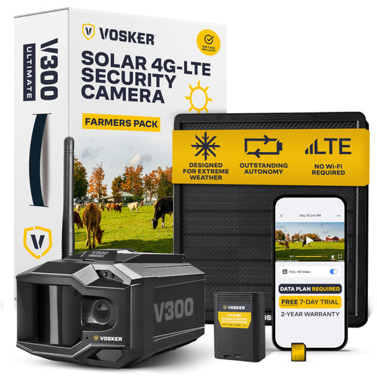 Vosker V300 Ultimate Farmers Pack Outdoor Security Camera with External Solar Panel for Farms Pastures and Greenhouses 4G LTE Black Single Unit with Battery