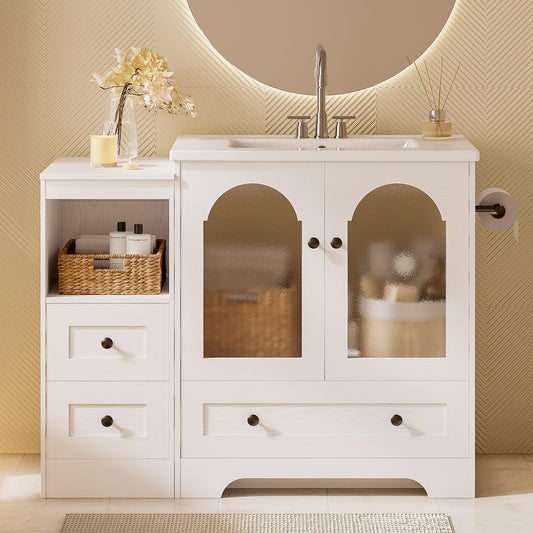 IRONCK 42 Inch Bathroom Vanity with Sink Set, Bathroom Cabinet Vanity with 2 Visual Buffer Gate, Pedestal Sink Storage Cabinet with 3 Drawers, Open Cubby, Swap Sides Design, White