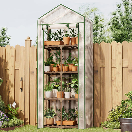 4 Tier Bamworld Mini Greenhouse for Outdoor Indoor 22 x 16 x 66-Inch Portable Greenhouses with Reusable PE Cover Small Greenhouse Kit for Outside Heavy Duty Patio Wooden Greenhouse Tent