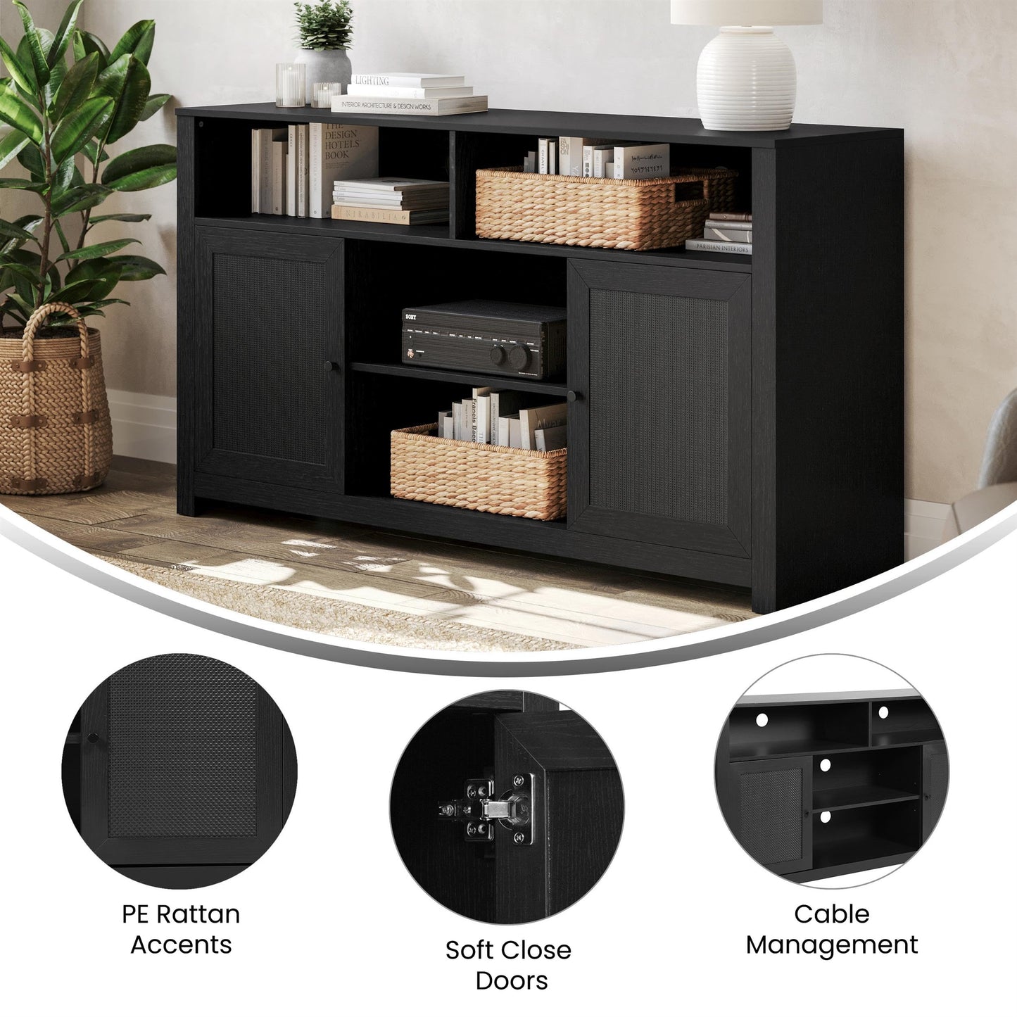 Flash Furniture Malaki Mid-Century Modern Sideboard Buffet Cabinet, 2 Soft Close Doors, Adjustable Center Shelf, Holds up to 65" TV's, 58" Wide, Black/Rattan
