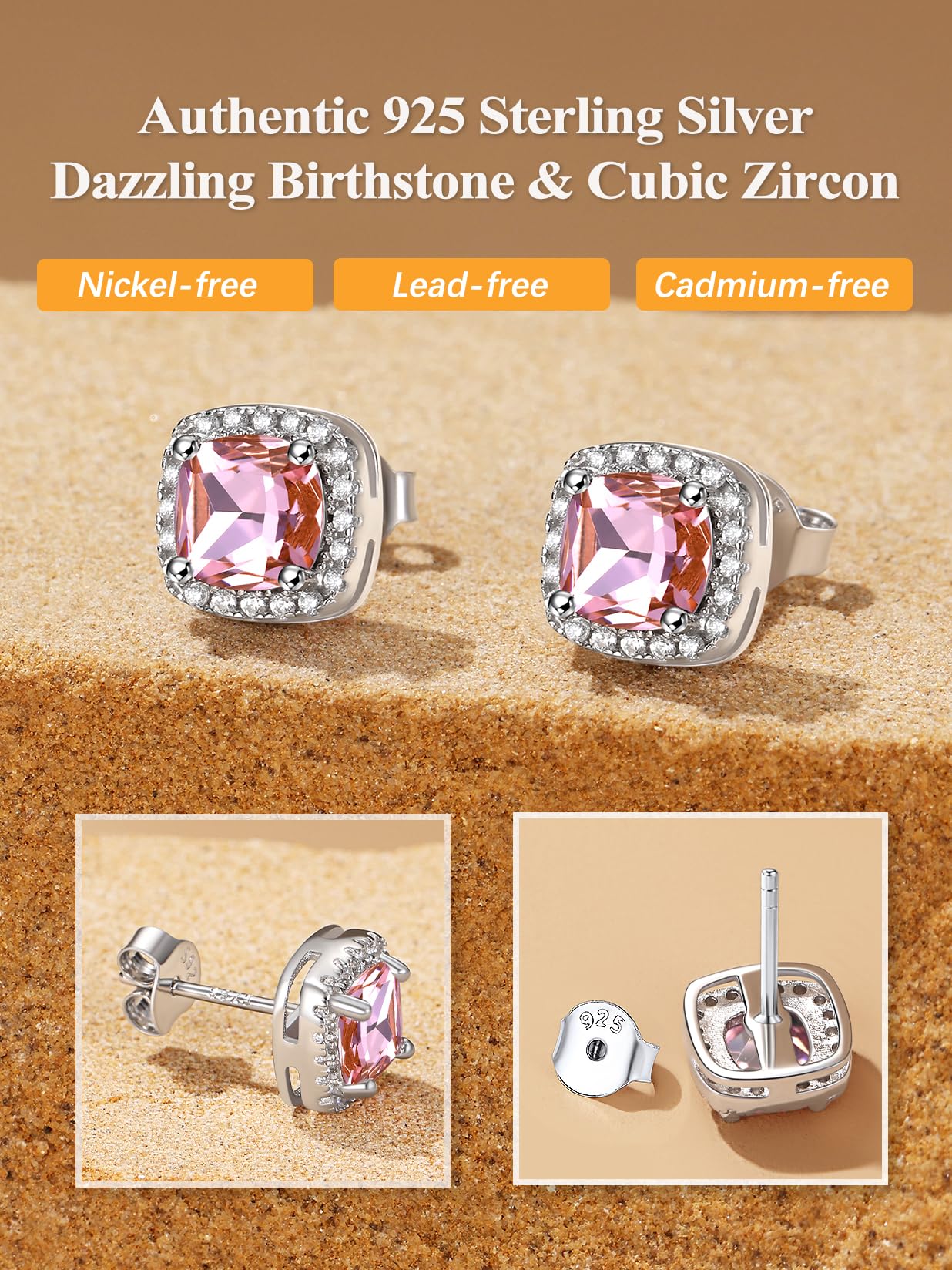 Bestyle Emerald Cut Pink Gemstone Tourmaline Earrings White Gold Vermeil Sterling Silver Sparkle Small Silver Studs Birthstone Earrings for Women Mothers Day Gifts for Wife Mom