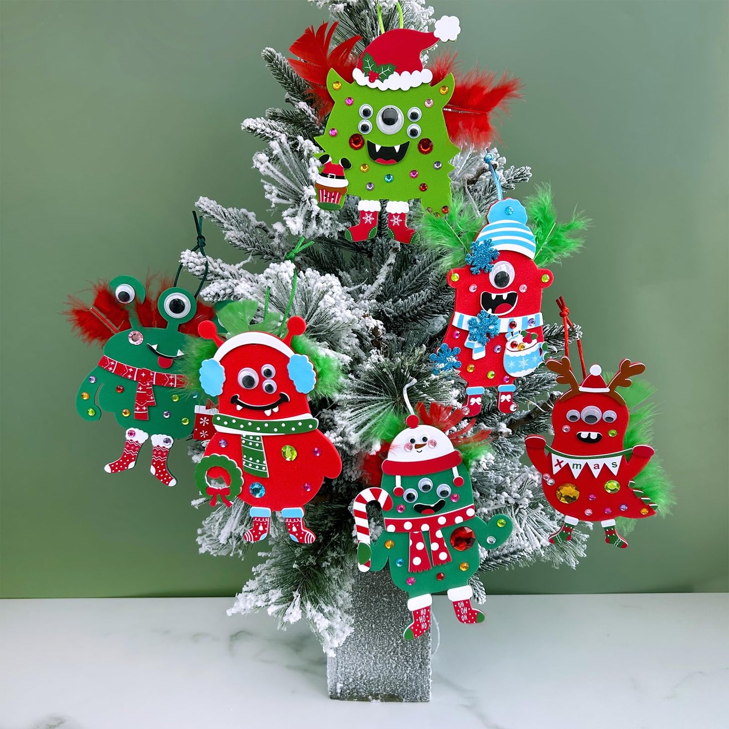 Winlyn 24 Sets Christmas Craft Kits Winter Crafts DIY Monster Ornaments Decorations Art Sets Foam Monster Christmas Stickers Googly Eyes Feathers for Kids Holiday Home Classroom Activities Party Favor