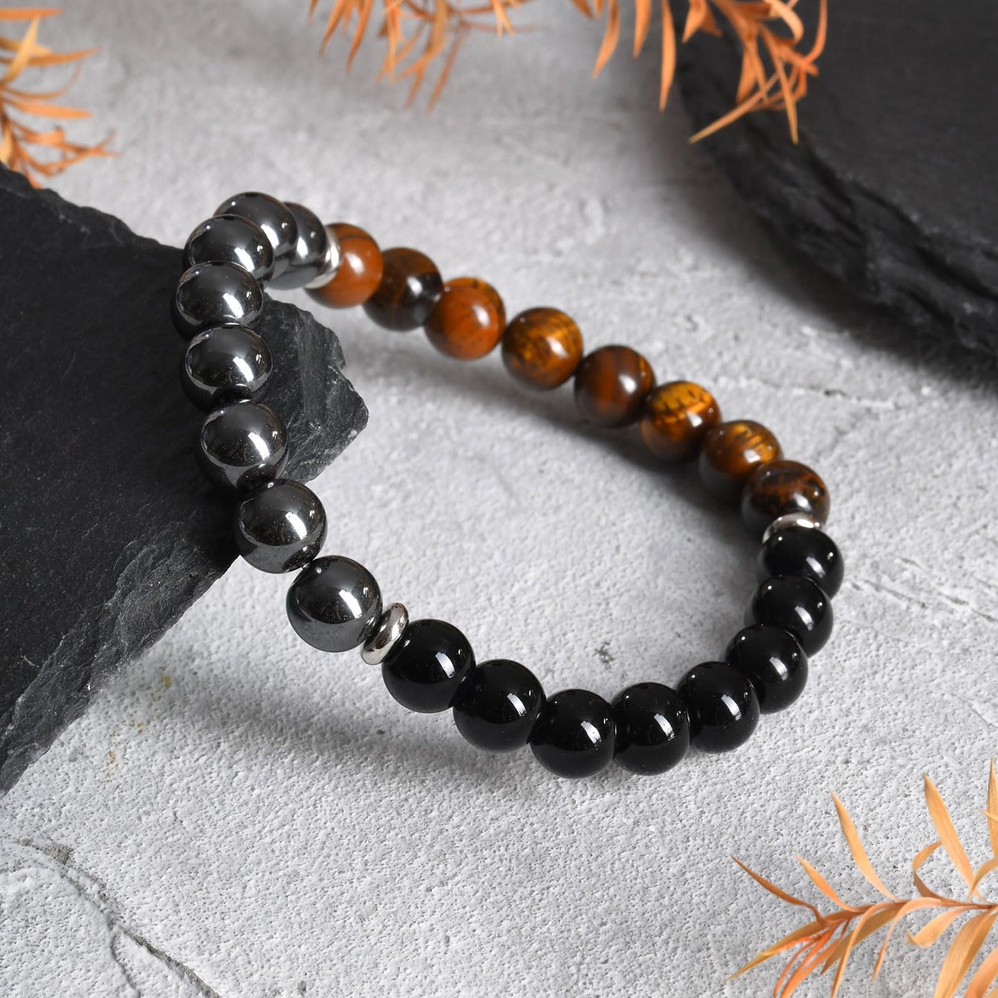FUTPLOR Triple Protection Bracelet (Tiger Eye Stone,Black Tourmaline,Hematite), 8mm Beaded Bracelets for Men Women, Elastic Bracelets 17cm/ 6.69in