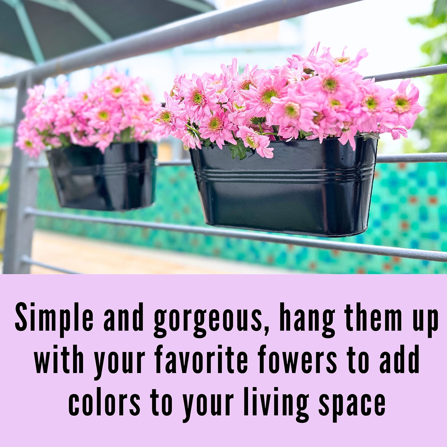 LaLaGreen Outdoor Rail Planter for Balcony (4 Pack, 9.8 Inch) Small and Cute Black Metal Iron Fence Hanging Flower Pots Deck Railings Buckets Boho Style Window Box Plant Holder Hooks Porch Decor