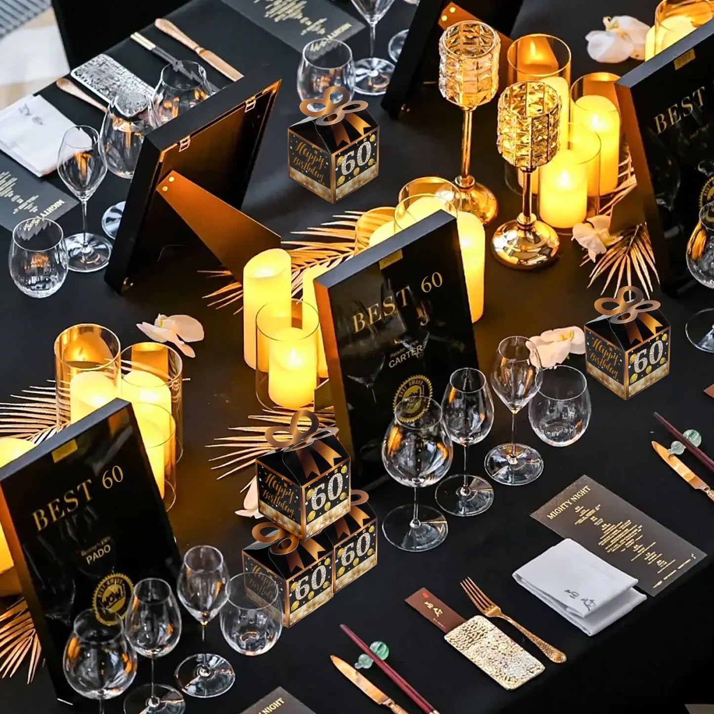Qonmpcvu Square Boxes For Gifts, Black And Gold Decorations Box,60th Birthday Favor Bags, 60th Party Favors Gifts Box, Favor Boxes For Party, Black And Gold Happy Birthday Bags With Candy (BLACK Gold, M)