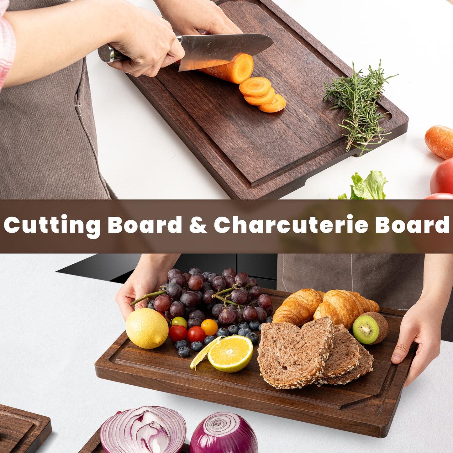 Heimlove Walnut Wood Cutting Board for Kitchen, 24"x18" Reversible Wooden Chopping Board with Deep Juice Grooves and Handles, Natural Walnut Wood Cutting Board for Chopping, Cheese, Vegetables