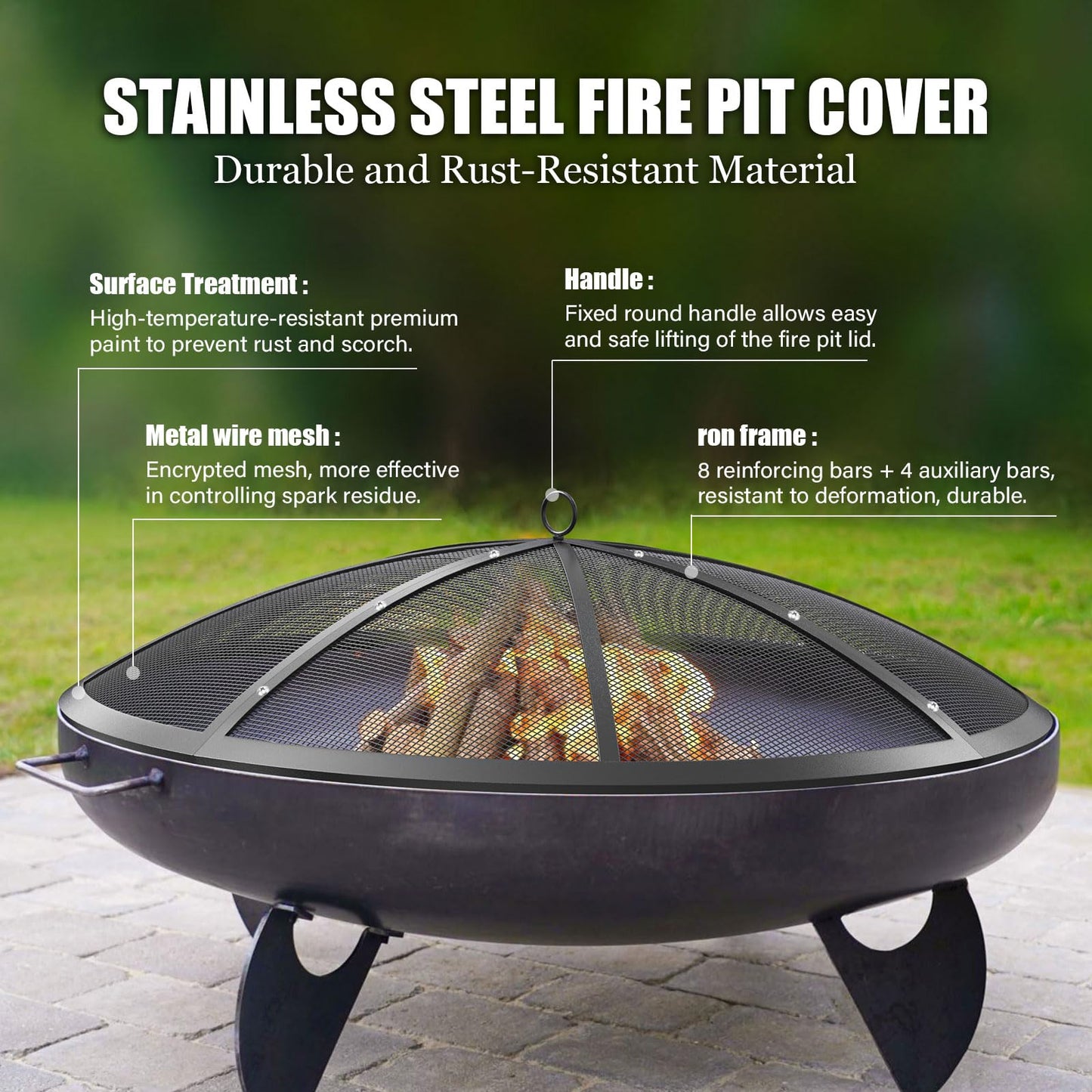 Fire Pit Spark Screen, 40Inch Fire Pit Lid Outdoor with Handle & Poker, Heavy-Duty Mesh Firepit Cove with 12 Reinforced Bars for Backyard/Beach/RV Camping