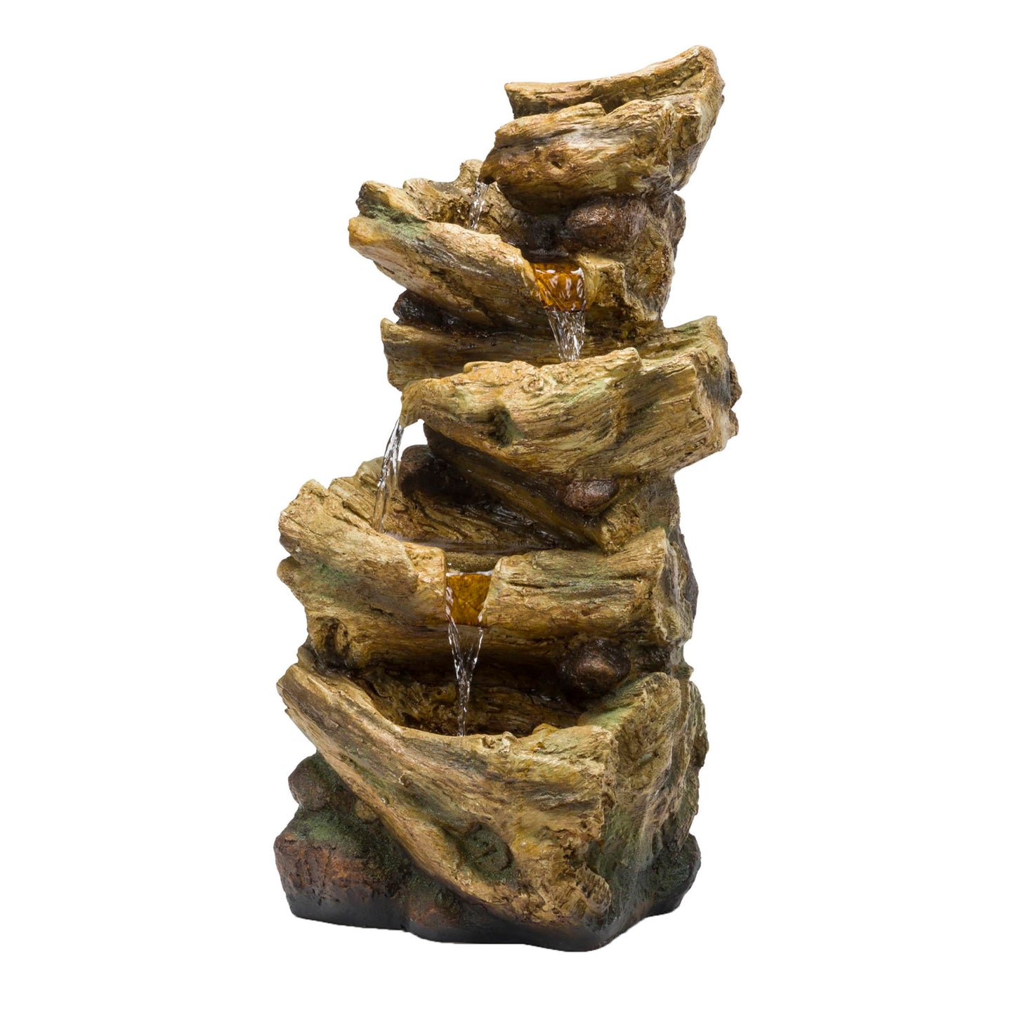 Alpine Corporation TZL226 Outdoor 4 Tier Log Tree Trunk Waterfall Floor Fountain with LED Lights, Tiered Garden Décor, 24" H, Brown