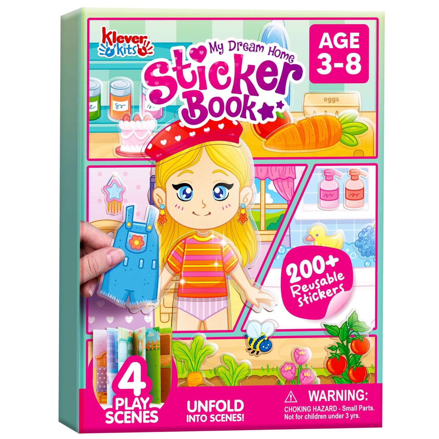 JOVA Klever Kits Reusable Sticker Book for Kids, My Dream Home 4 Play Scenes with 200+ Washable Stickers Plane Activity for Toddler Aged 3 4 5 6 7 8 Girls and Boys Birthday Gift