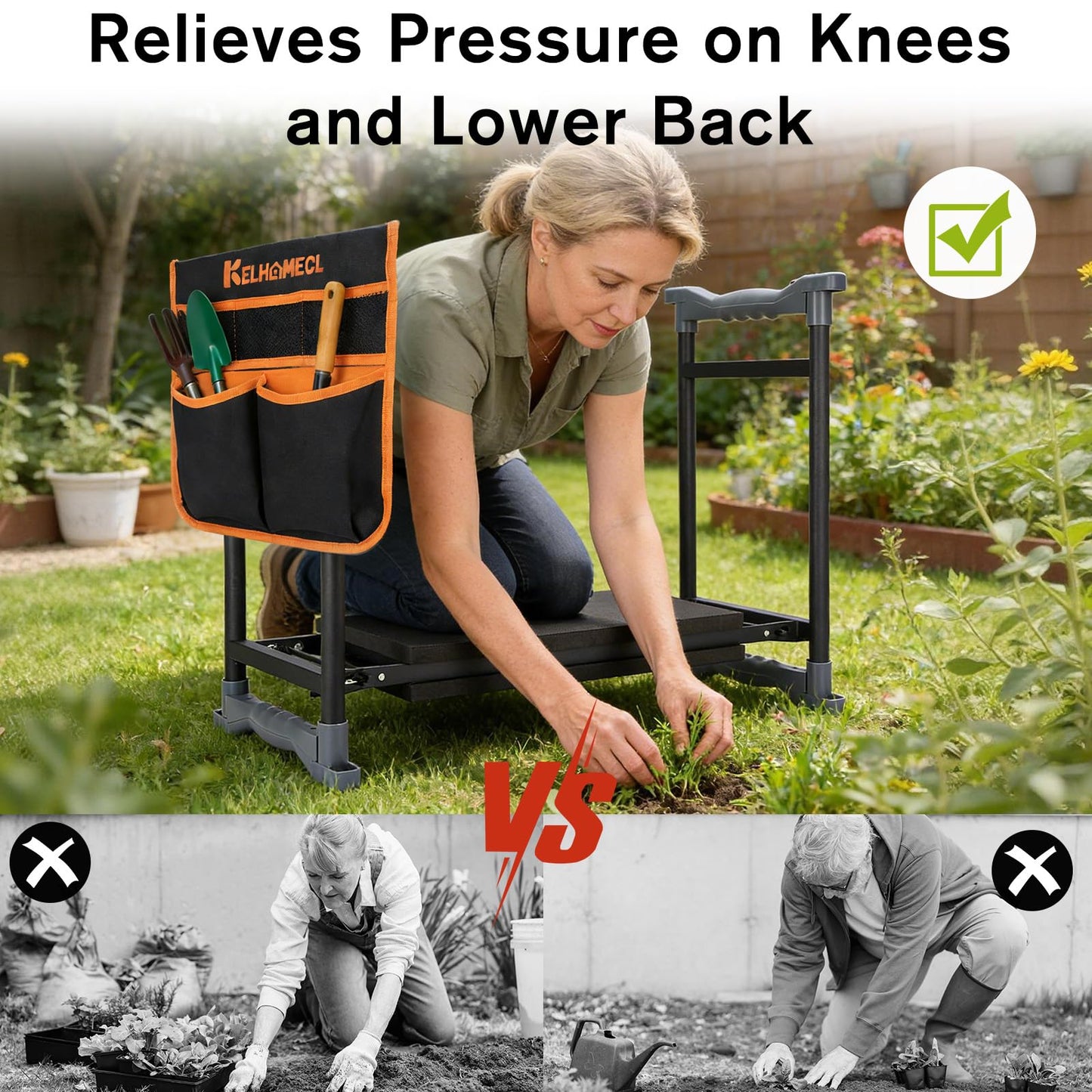 KELHOMECL Garden Kneeler and Seat with Umbrella, 2-in-1 Foldable Gardening Stool with Adjustable Bracket, Detachable Tool Bags, Heavy Duty Kneeling Pad for Gardening (Black Orange)