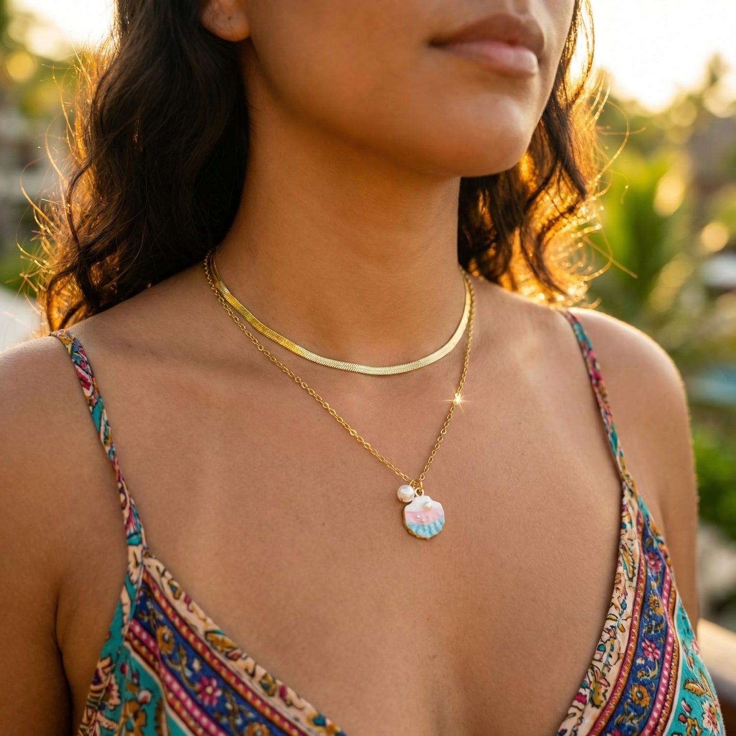 Harlermoon Gold Starfish Necklace for Women - 18K Gold Plated Stainless Steel Ocean Beach Jewelry, Sea Turtle Shell Pearl Pendant, Waterproof Non Tarnish Snake Chain Choker, Summer Vacation Mermaid Gifts (Small Shell Snake Chain)