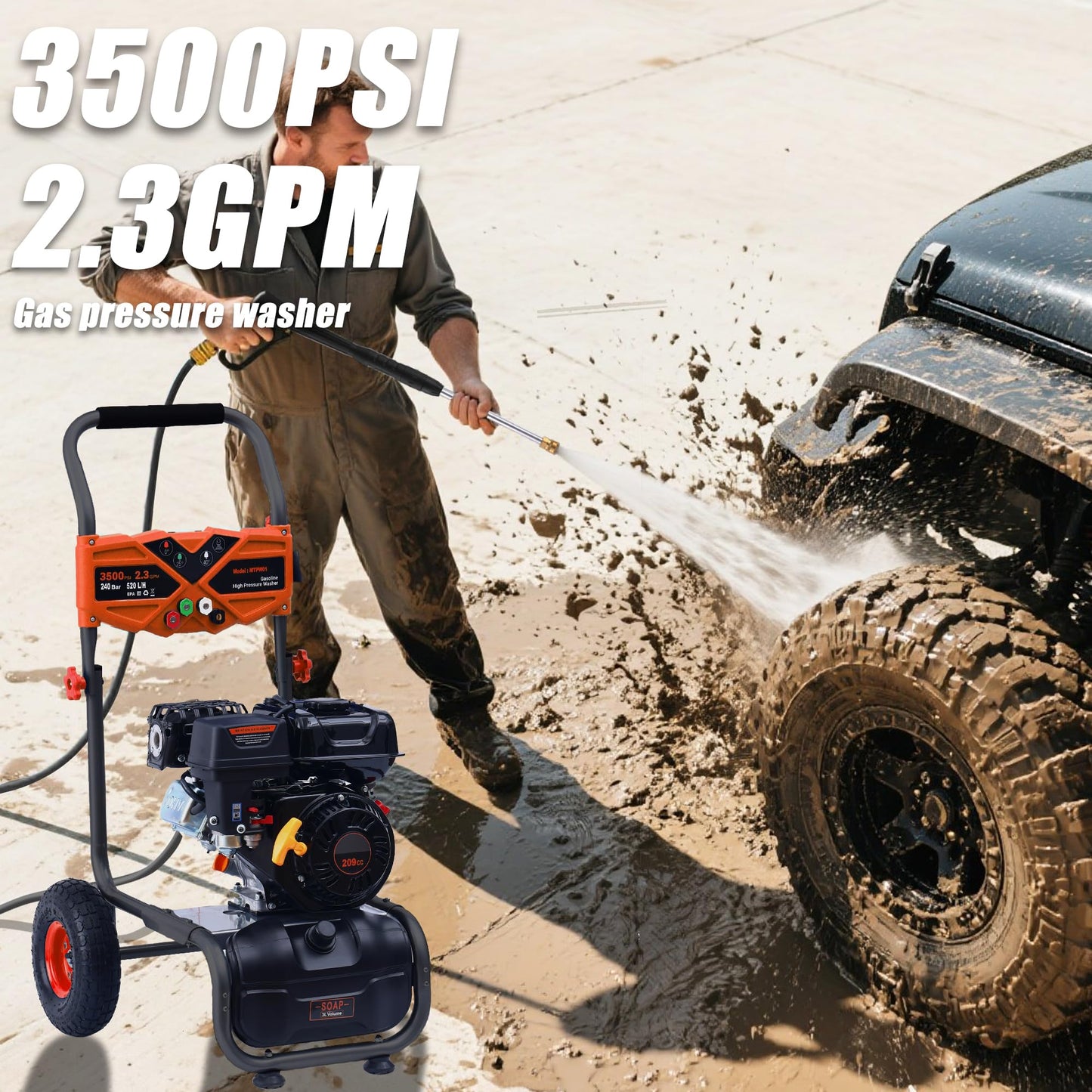 MUTAOMAY 3500PSI Gas Pressure Washer, 2.3GPM Gas Powered High Pressure Washer with 209CC Engine, 4 Adjustable Nozzles, 25 ft High Pressure Hose for Cleaning Walls, Terraces, Vehicles, Gardens (Orange)