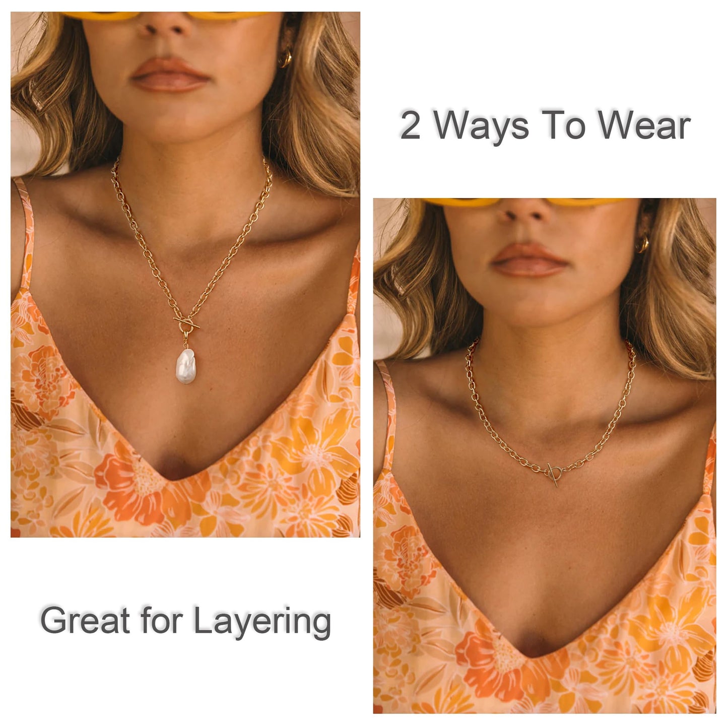 Large Freshweater Baroque Pearl Pendant Necklace for Women Chunky Single Irregular Pearl Chain Choker Handmade 14K Gold Plated Thick Link Chain with Toggle Clasp Vintage Summer Jewelry Gifts 18''