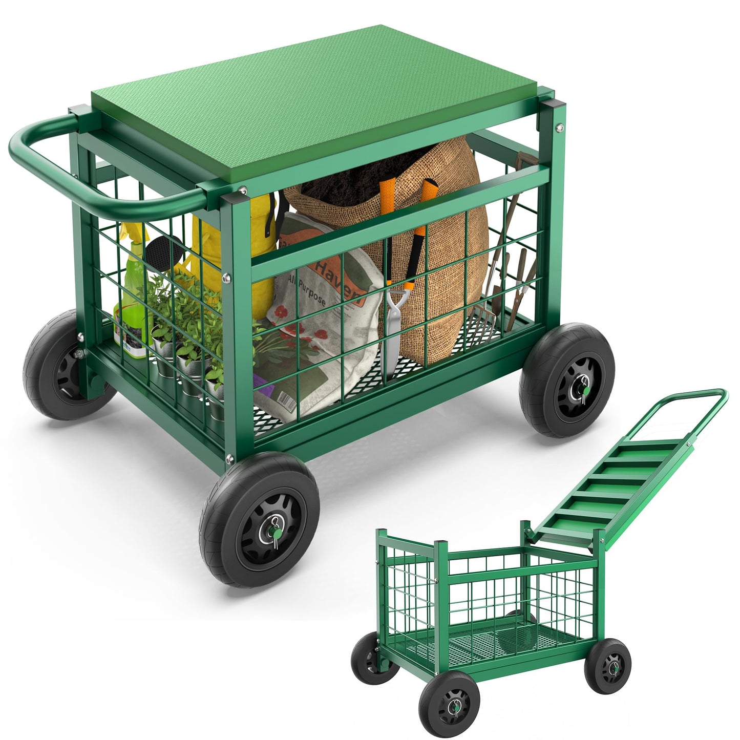 FLINTER Rolling Garden Work Seat with Wheels, Upgraded Heavy Duty Gardenning Cart with Seat - Garden Rolling Stools with Wheels for Seniors, Lawn, Patio & Backyard Gardening, Green