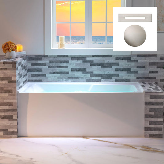 WOODBRIDGE 60" Acrylic Rectangular Alcove Soaking Bathtub in White with Right Drain, Brushed Nickel Pop-Up Drain Included BA6030R