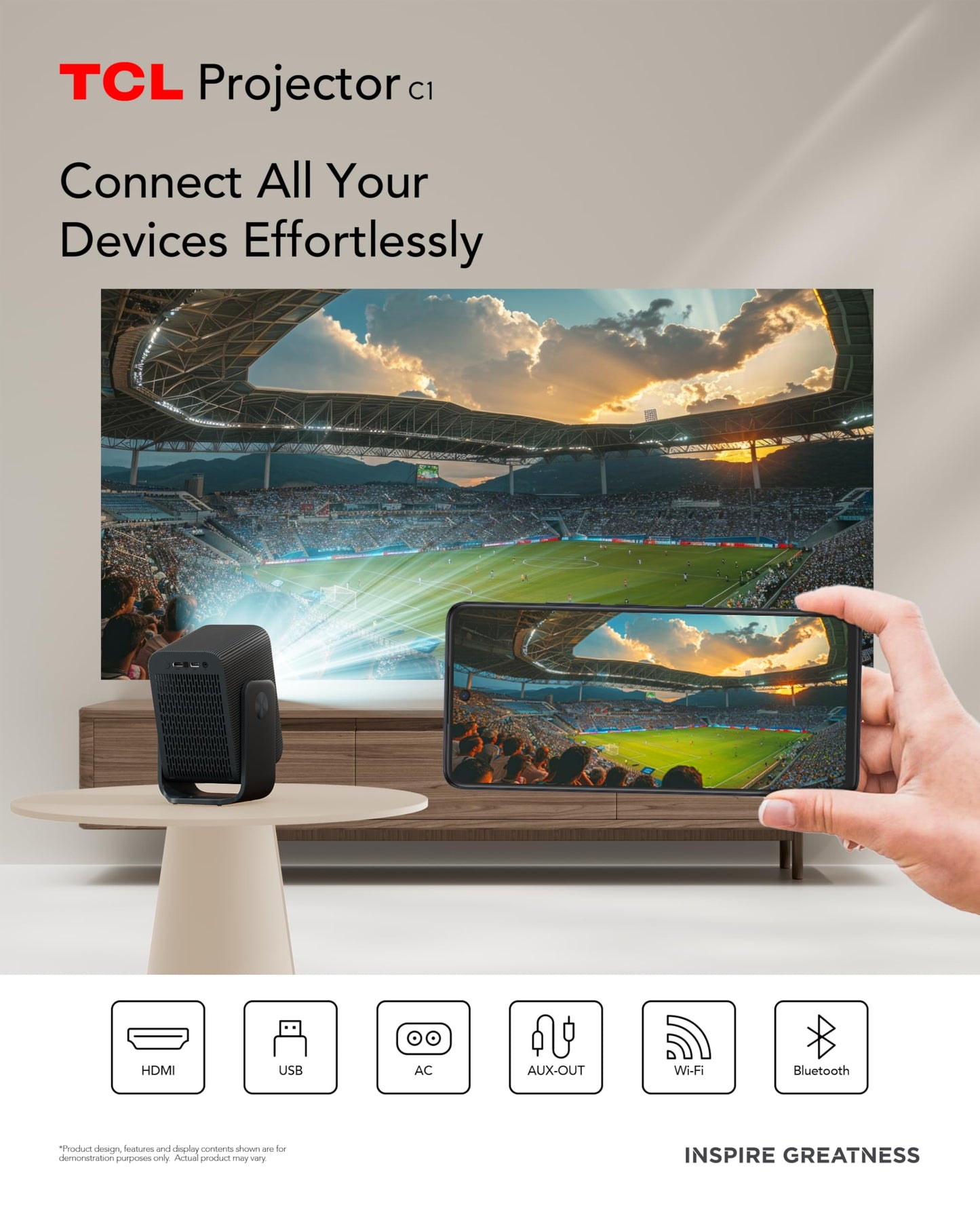 TCL C1 Smart Projector 4K Support, Google TV & Netflix Officially Licensed, WIFI and Bluetooth, Auto Focus Keystone, Native 1080p, Dolby Audio, 285° Portable Mini Projector for Home Theater