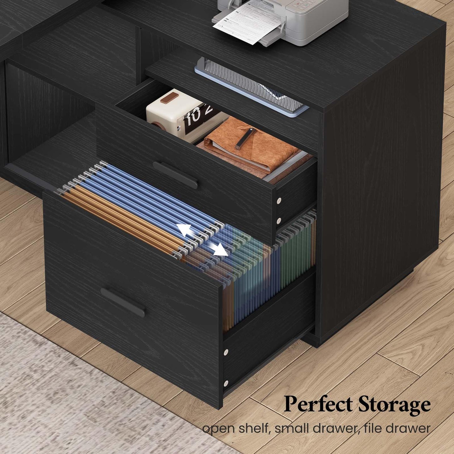 ANGRYWIN 78 inch L Shaped Executive Desk with Power Outlets, Large Home Office Desk with Storage Drawers and File Cabinet, Modern Computer Desk with Shelves, Black Business Furniture