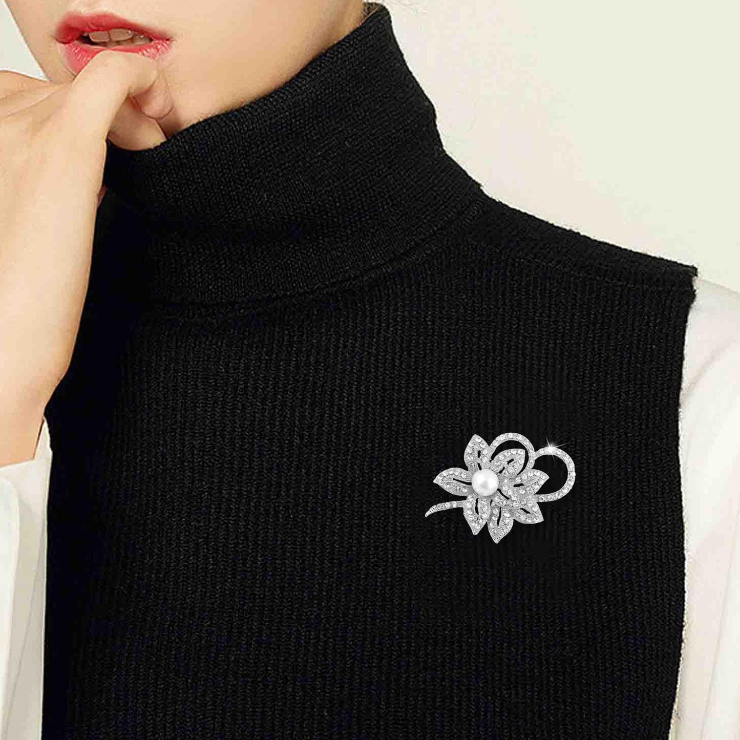 Crystal Flower Brooch Pins for Women Elegant Enamel Rhinestone Floral Brooches Pin Fashion Jewelry for Party Dance Wedding Banquet Brooch for Women Gift (Silvre Pearl Flower)