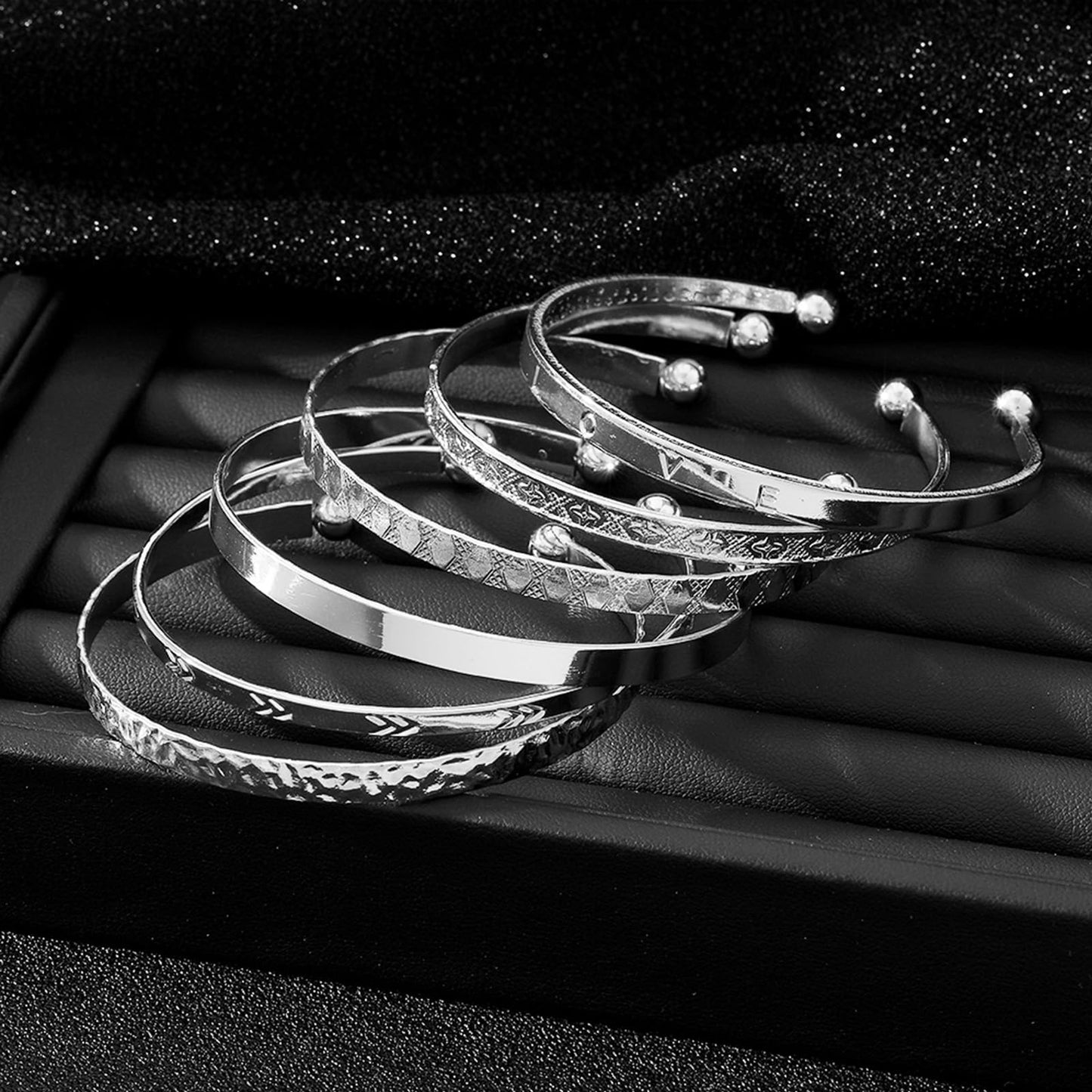 IFKM Silver Bangles Bracelets For Women, Silver Plated Multi Layer Stackable Cuff Bracelet Set, Trendy Elegance Charms Non Tarnish Minimalist Textured Boho Jewelry Gift for Women