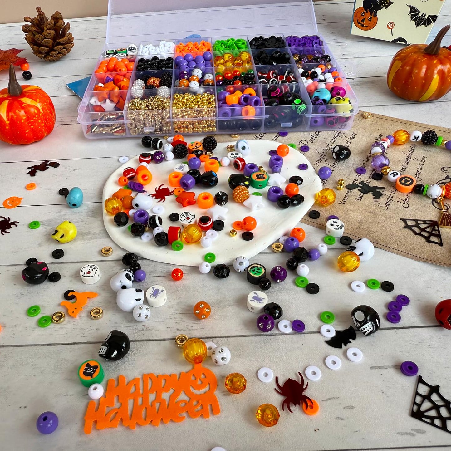1970Pcs Halloween Bracelet Kit, Halloween Beads for Bracelets Jewelry Making Orange Black White Purple Polymer Clay Beads Pumpkin Evil Eye Skull Bead with Ghost Spider Charms for DIY Craft Earring