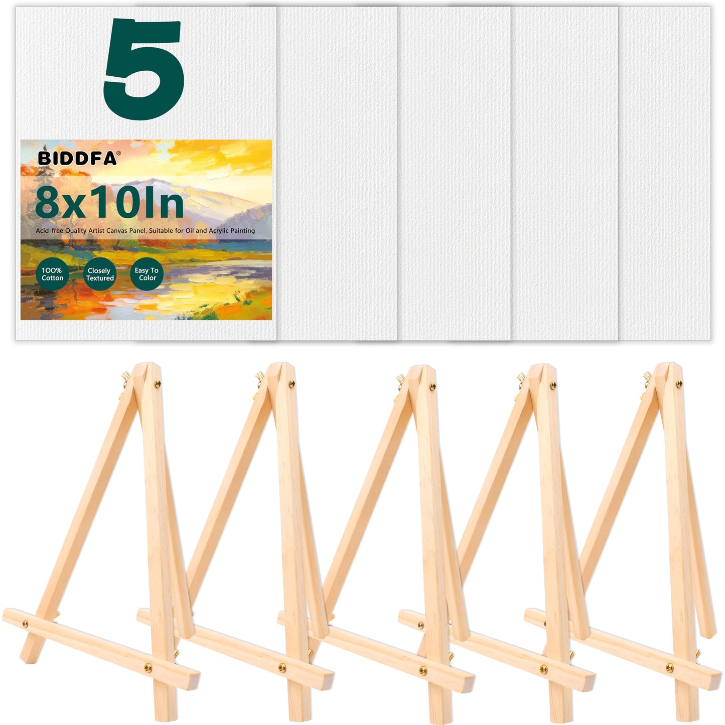 Canvas Boards with Easel for Painting 5 Pack 8 x 10 Inch Small Canvases Panels with Pine Wood Display Easels, Acrylic Oil Watercolor Painting Kit for Adults, Sip and Paint Art Party Supplies