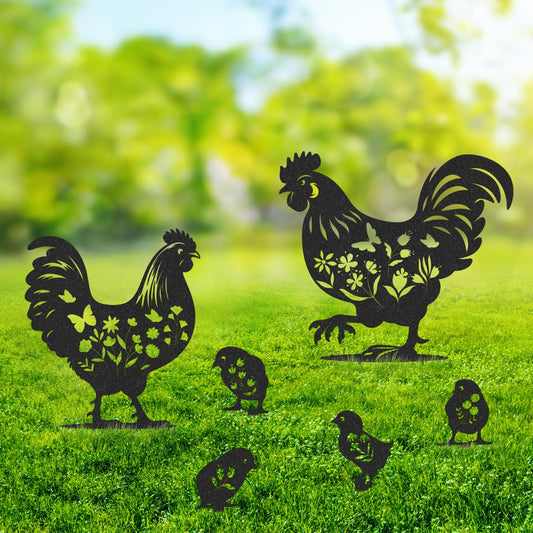 Rngmsi Chicken Metal Garden Art - 6PCS Chicken Metal Yard Art Rooster Garden Decor Outdoor Cute Hen Metal Statue Decorations Outside for Patio Decorative Lawn Stakes Statues Gifts for Friends