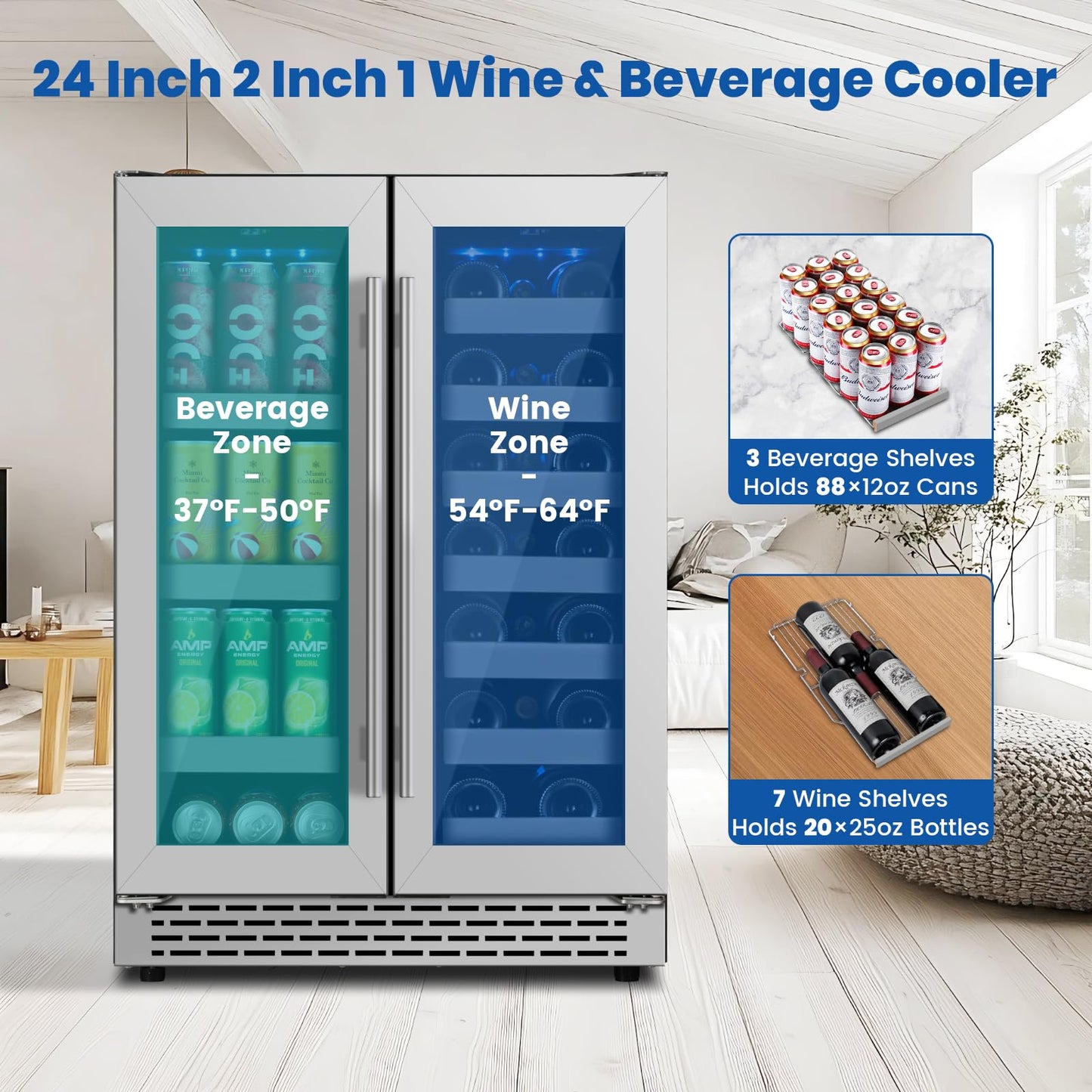 WINEBOSS 24 Inch Wine and Beverage Refrigerator, Dual Zone Wine Fridge Under Counter, 20 Bottle & 88 Cans Wine Cooler Refrigerator with Glass Door & Stainless Steel Shelves for Beer Commercial Office