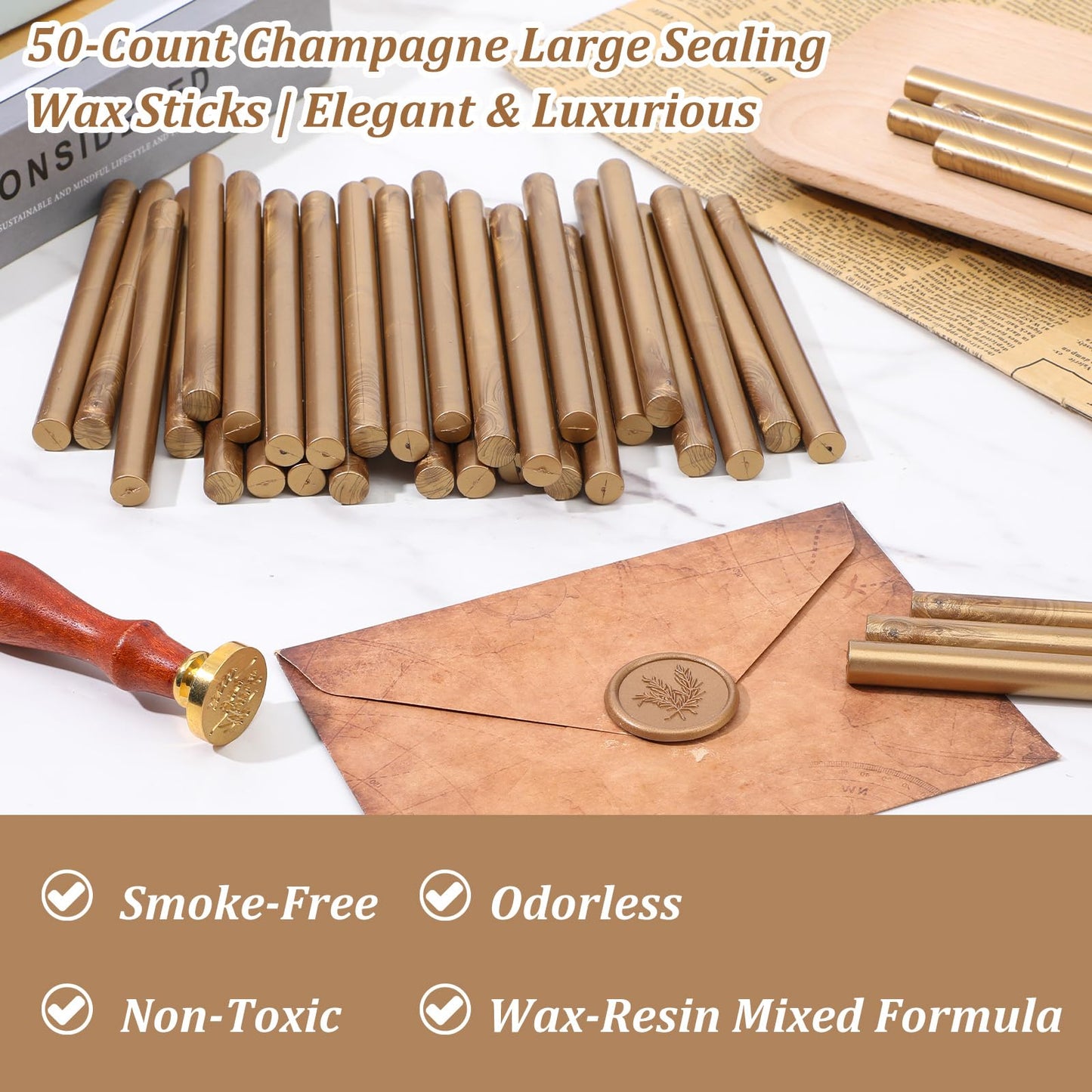 HANLANXUE 50 Pcs Gold Sealing Wax Sticks, Wax Seal Sticks for Wax Seal Stamp, Glue Gun Sealing Wax Sticks for Wedding Invitations, Letter, Envelope, Christmas, Cards and Crafts (Antique Gold)