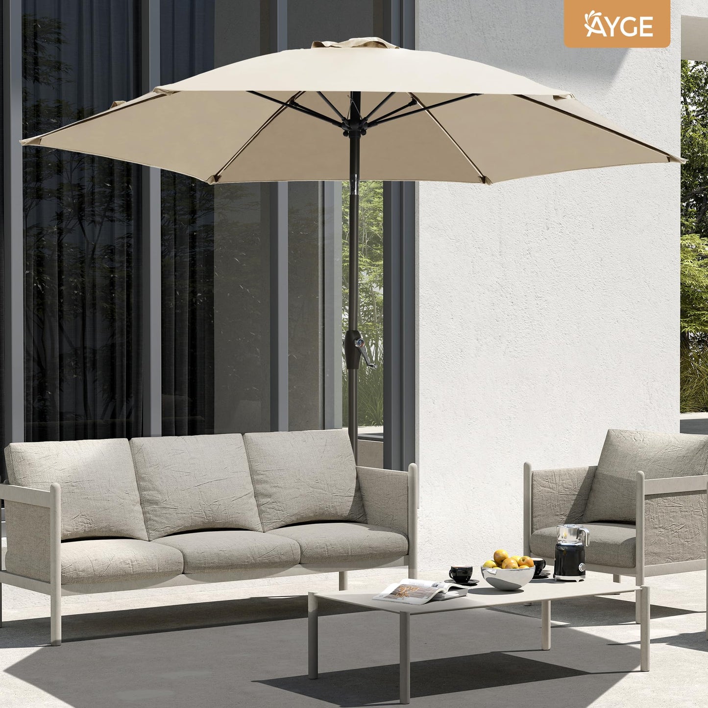 Ayge 7.5FT Large Outdoor Patio Umbrella Market Table Umbrella-UV Resistant, Easy Push Button Tilt and Crank, 6 Sturdy Fiberglass Ribs Heavy-Duty Pool Umbrella for Deck, Backyard,Garden, Yard,Beige