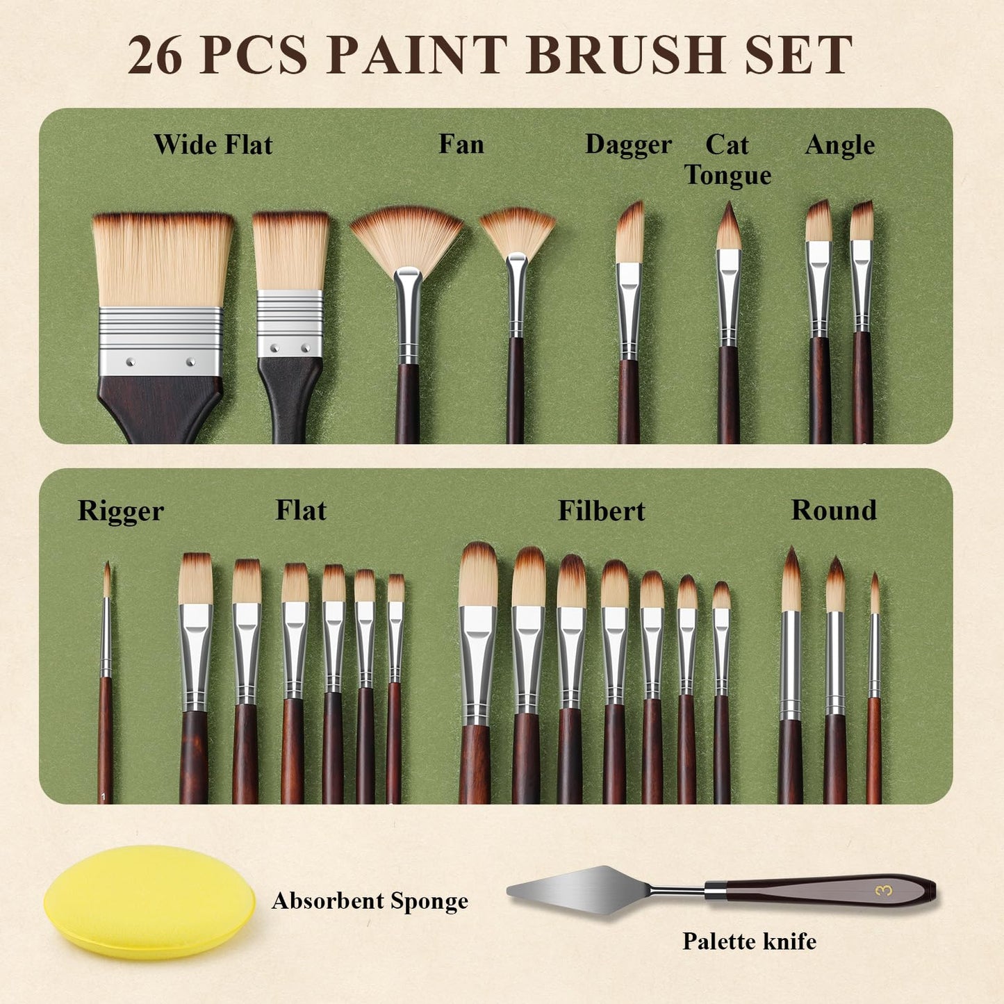 REDSHELL 26pcs Paint Brush Set, Travel Watercolor Acrylic Paint Brushes with Flat, Filbert, Fan, Dagger, Cat Tongue, Round, Palette Knife, Professional Paintbrush Kit for Artist, Oil, Face Painting