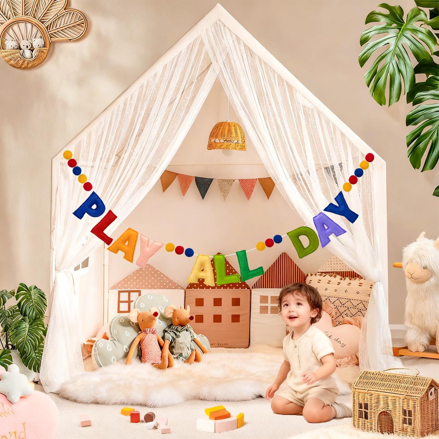 Pre-Strung Retro Play All Day Felt Banner Reusable Play Sign Play All Day Wall Hanging Felt Garland for Kids Nursery Playroom Wall Decor Boys Girls Playhouse Decor Toy Room Classroom Decoration