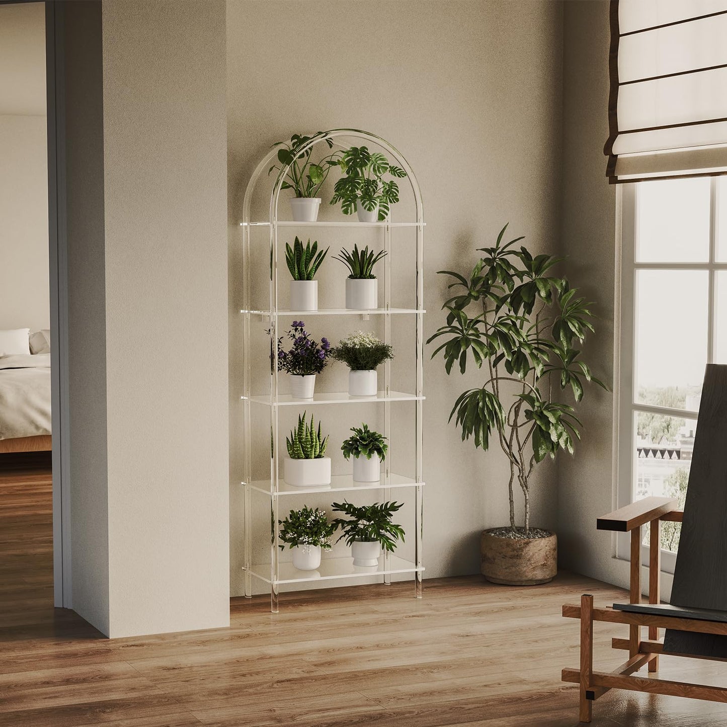 CRTERICX Acrylic Arched Bookshelf, 5-Tier Clear Bookcase, Modern Open Book Shelves for Home Office, Bedroom, Living Room, 11.8" D x 23.64" W x 65.7" H