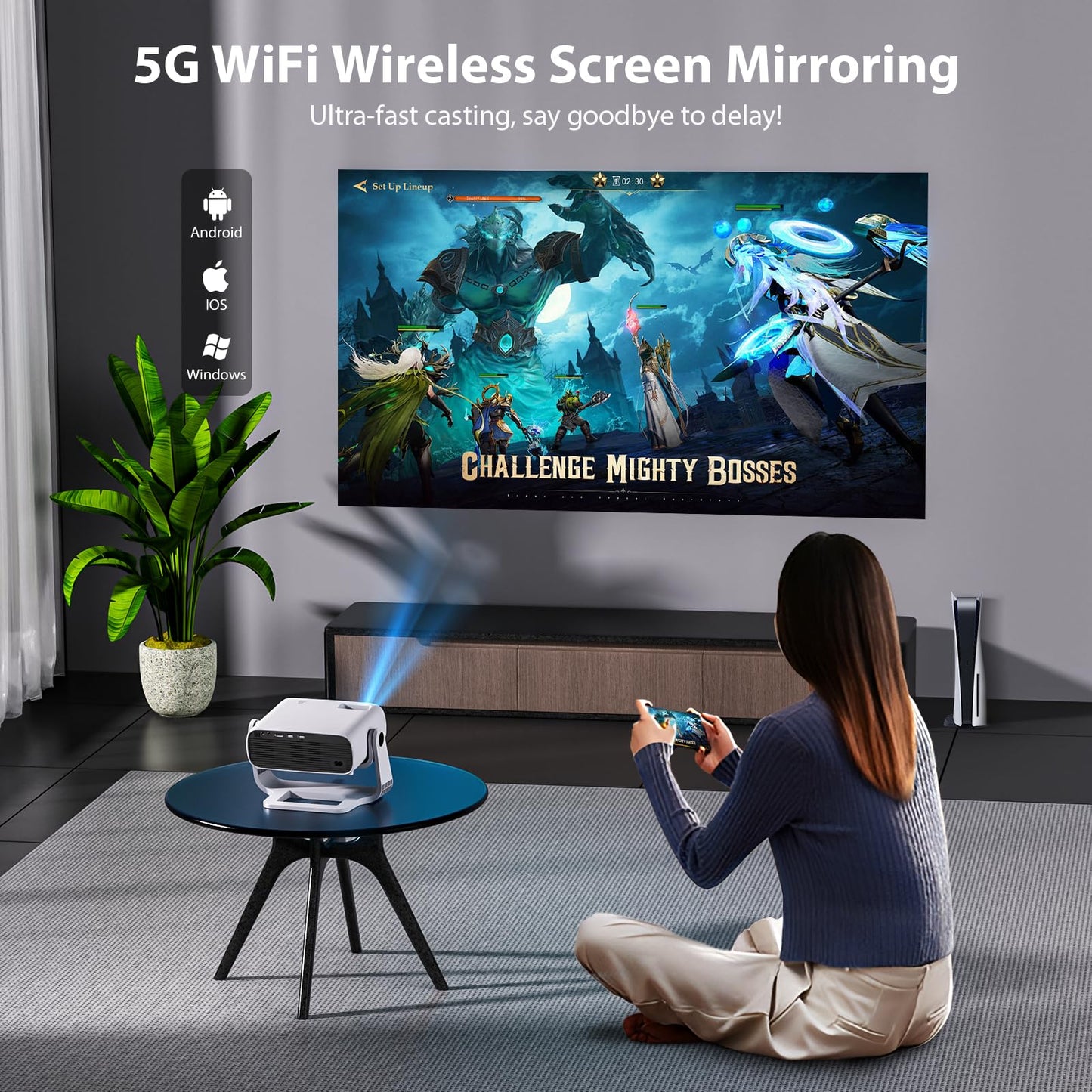 Wielio Smart Projector with WiFi 6 and Bluetooth Built-in Apps - 4K Support Portable Bedroom Mini Projector Native 1080P , 2025 New Auto Keystone & Zoom Home Theater Cinema Movie Proyector, 120° Stand