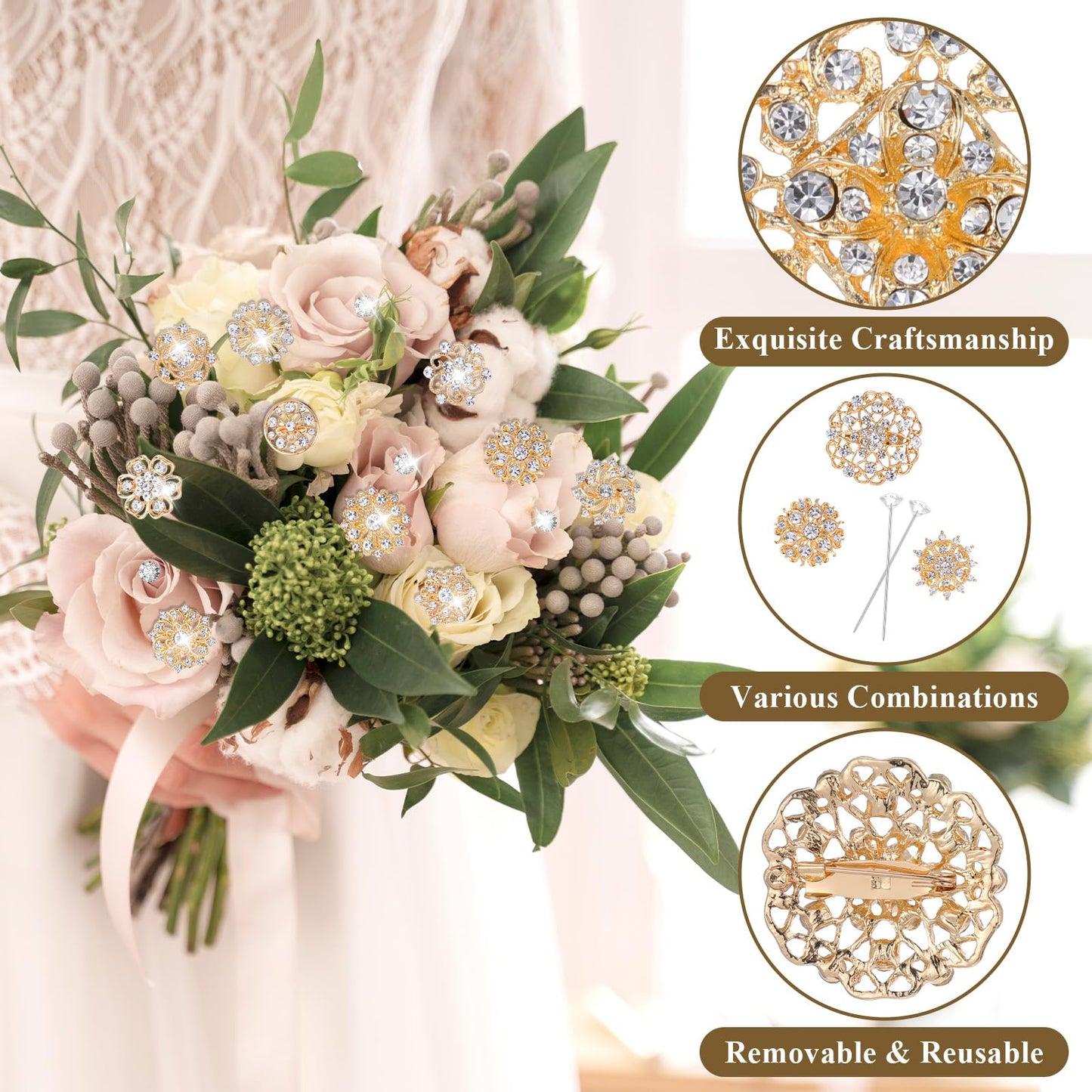 AOZUO 136 Pcs Gold Crystal Brooches for Women, Crystal Flower Brooch Pins with Rhinestones Bulk Brooches Jewelry Rhinestone Embellishments for DIY Jewelry Crafting Sewing Wedding Hair Decoration