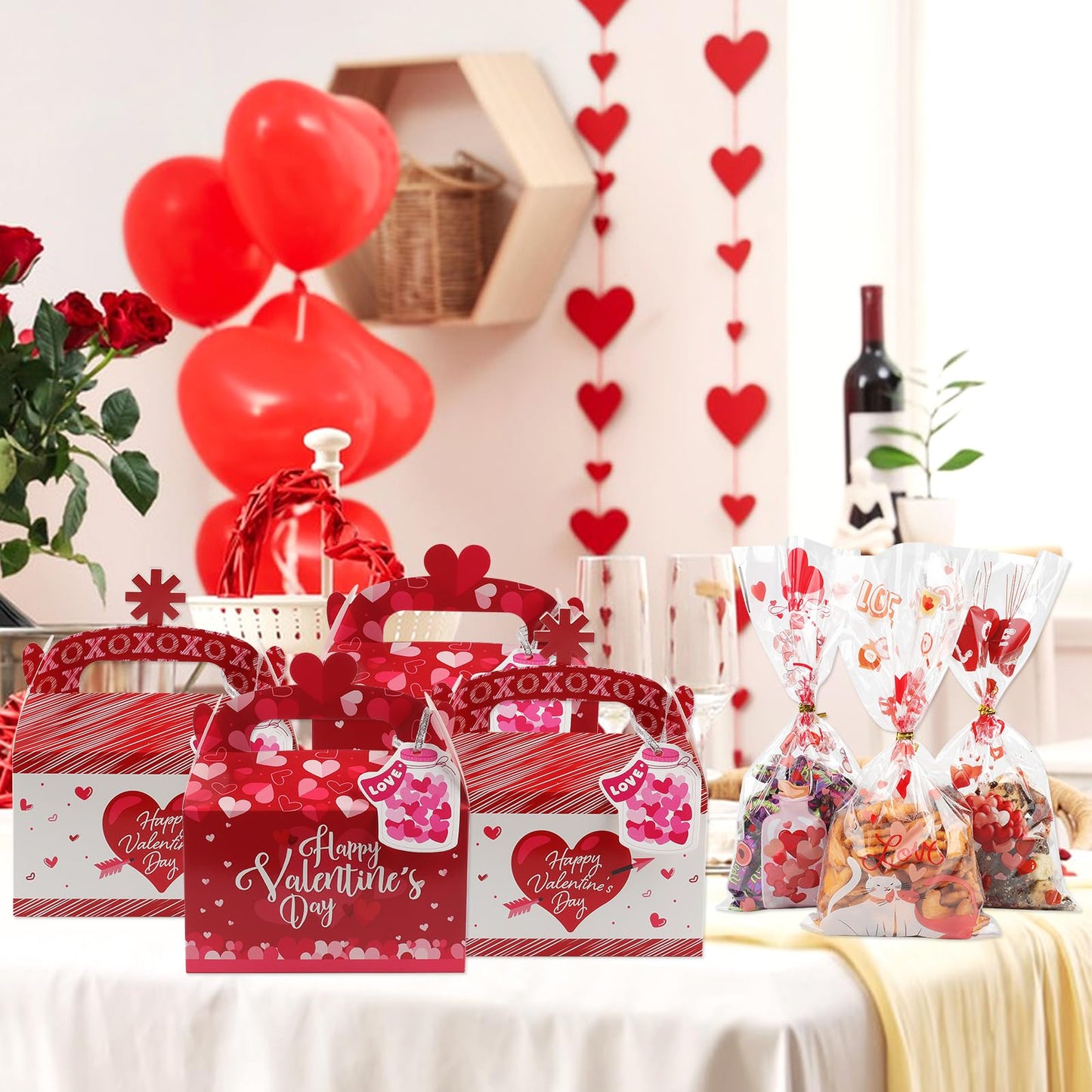 Wlicon Valentine’s Day Gift Treat Boxes, 24 Pcs Valentines Candy Boxes with 48 Pcs Valentine Cellophane Bags Heart Prints Cookies Box with Handles for Romantic Love Wedding Valentine Party Favor Decor