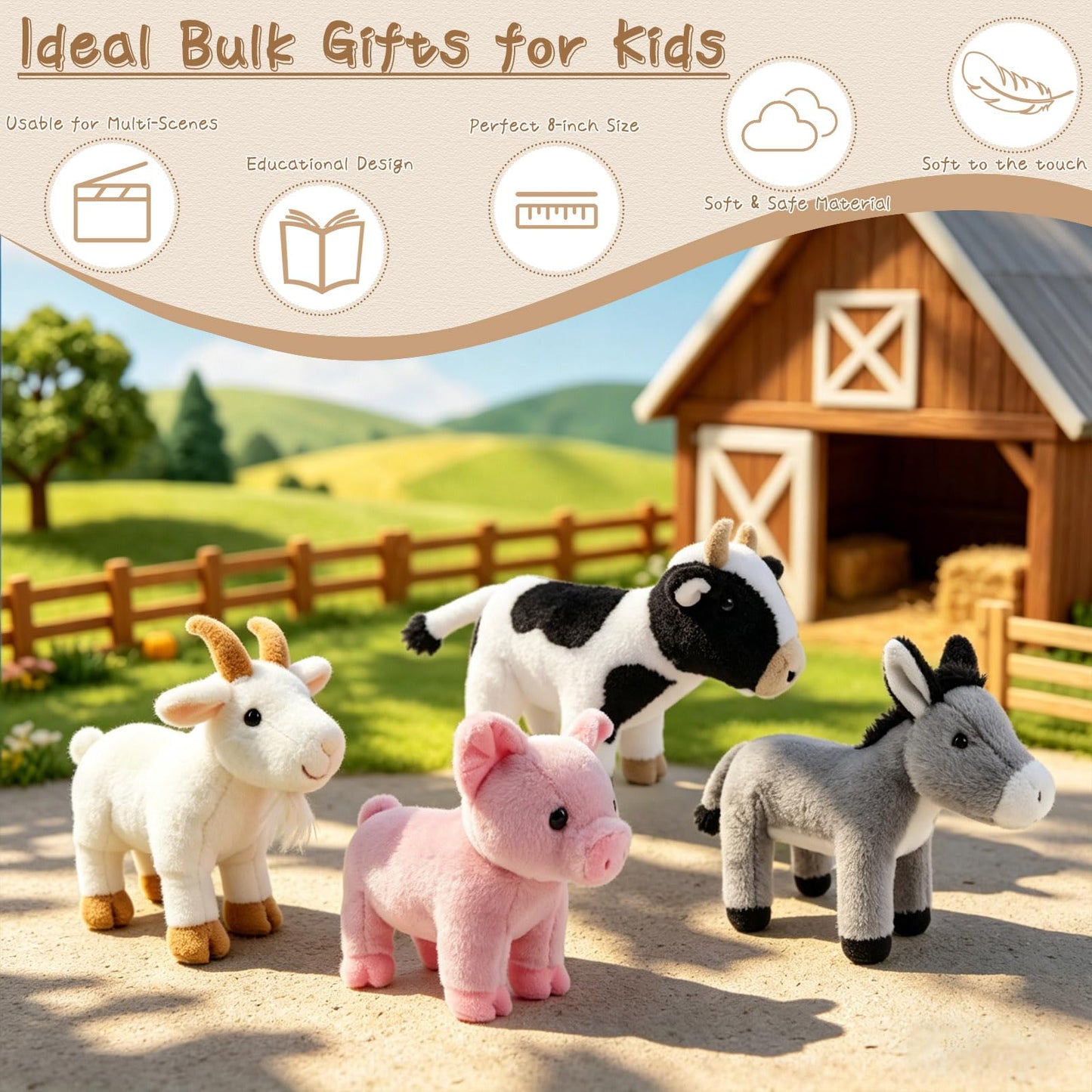 okegztoa 4 Pack 8" Plush Farm Stuffed Animals Set – Pig, Goat, Cow and Donkey, Ultra Soft Washable Toys for Kids, Adorable Farmhouse Nursery Decor for Toddlers