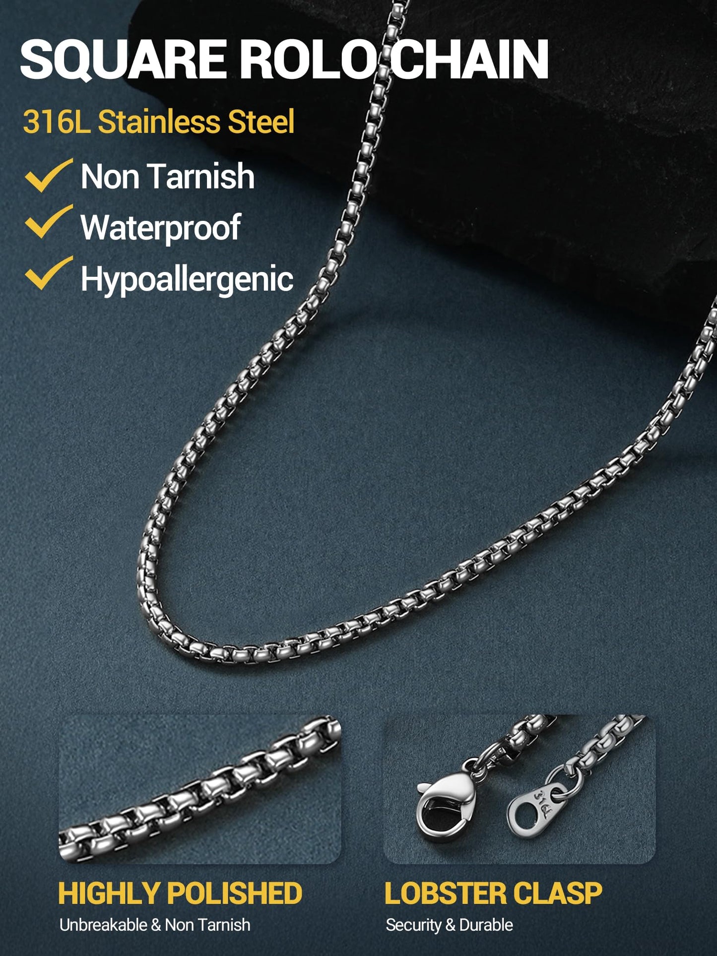 PROSTEEL Mens Chain Necklace, Squre Rolo Link Chains Stainless Steel Necklace 2mm Waterproof & Strong Lobster Clasp Men and Women Jewelry with Gift Box 18in