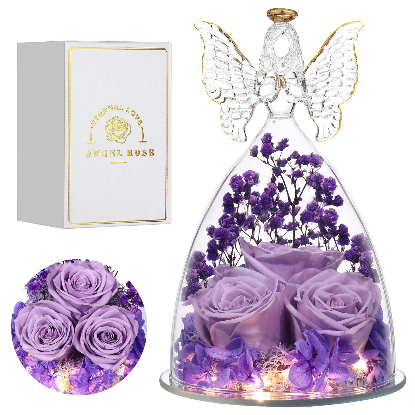 Tiaronics Mothers Day Mom Gifts for Women Preserved Flowers in Glass Angel Forever Flowers Gifts Eternal Roses Gifts for Grandma, Light Purple