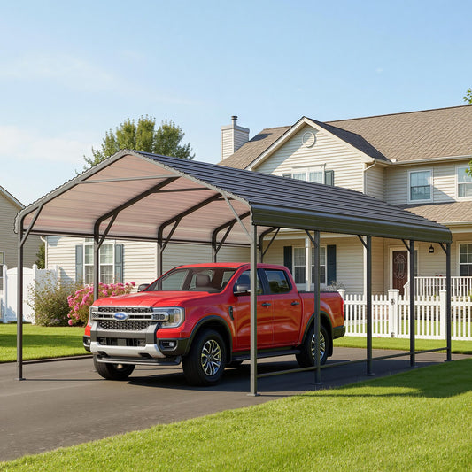 FansaFurn 12' x 20' Metal Carport, Heavy Duty Canopy with Updated Roof & Enhanced Base, Multi-Use Carport Garage for Car, Truck, Boat, Tractors, Party, Grey