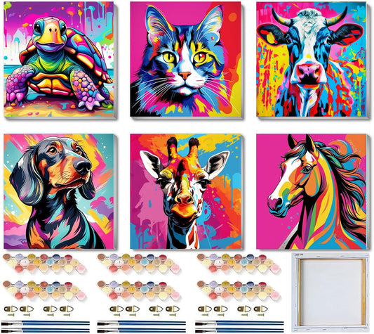 6 Pack Framed Paint by Numbers Kit for Kids, Horse Color By Number Painting Kits for Kids Ages 4-8-12, Cat Giraffe Paint by Numbers Canvas Children DIY Paints by Number Kits for Beginners 8x8Inch
