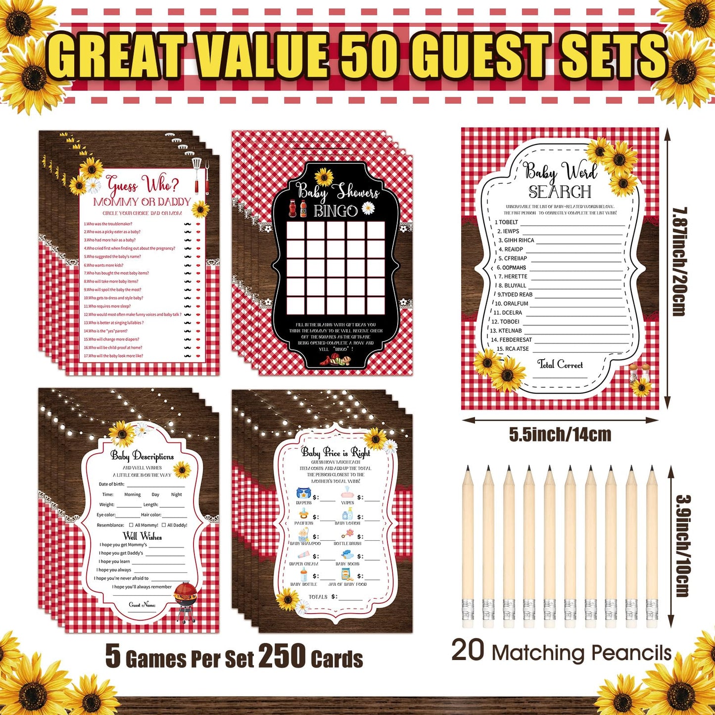 Patelai 321 Pcs BBQ Themed Baby Shower Supplies for Girl or Boy 5 Set Include 50 Activity Cards 20 Pencils 1 Don't Say Baby Sign 50 Clothespins for Price Is Right Prediction Bingo Game Party Decor