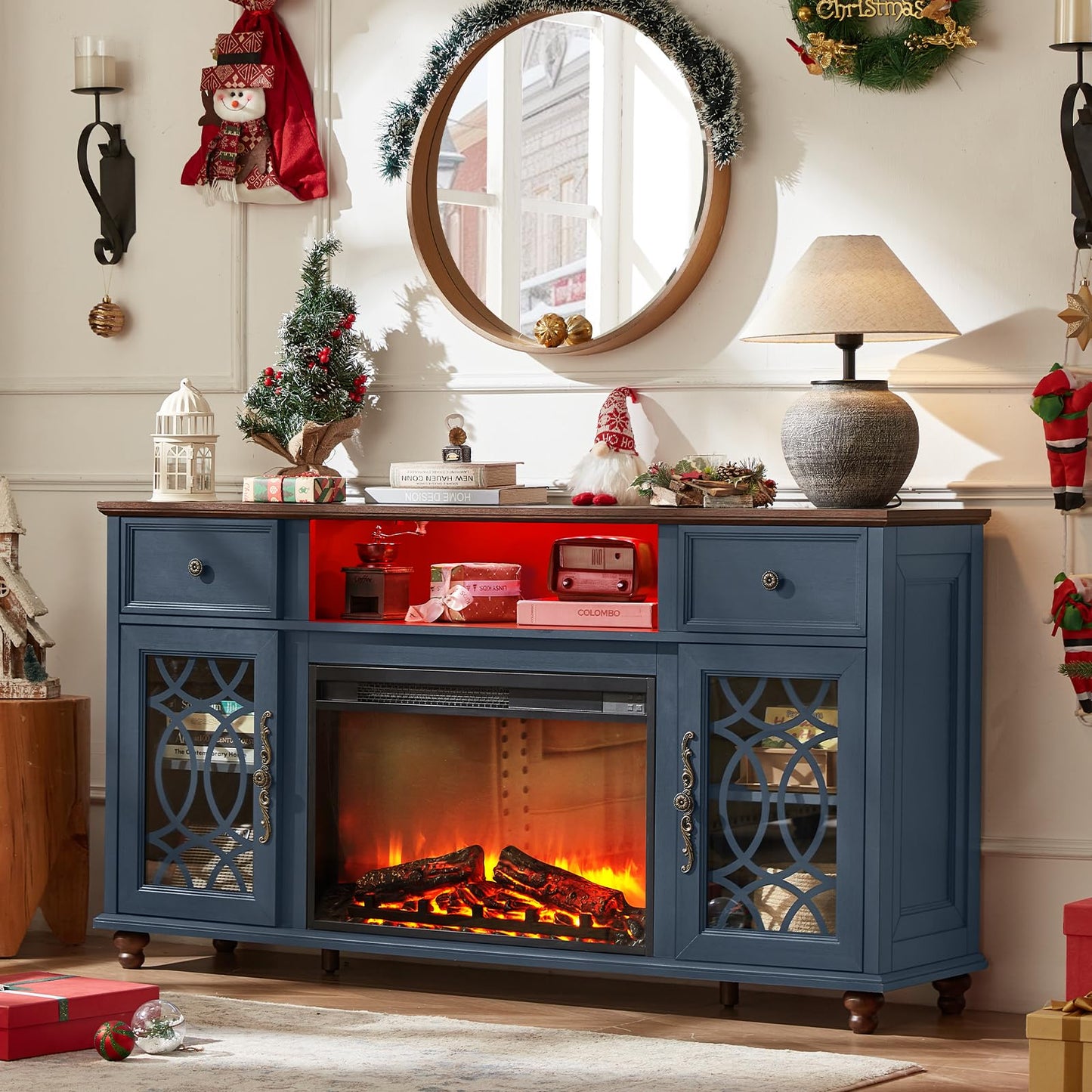 Joaxswe Farmhouse Fireplace TV Stand, 59" Entertainment Center with Electric Fireplace & LED Lights for TVs up to 65'', Glass Door Fire Place TV Stands for Living Room, Media Console w/Drawers, Blue