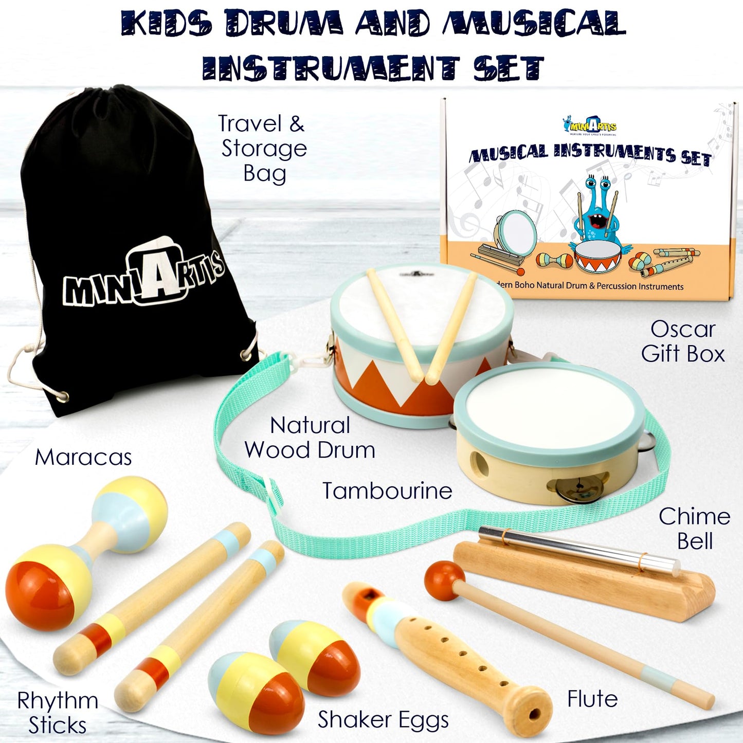 MINIARTIS Toddler Musical Instruments - Montessori Wooden Musical Toys for Toddlers 1-3 | Modern Boho Baby Drum Set with Neutral Colors Percussion Instruments | Kids Preschool Educational