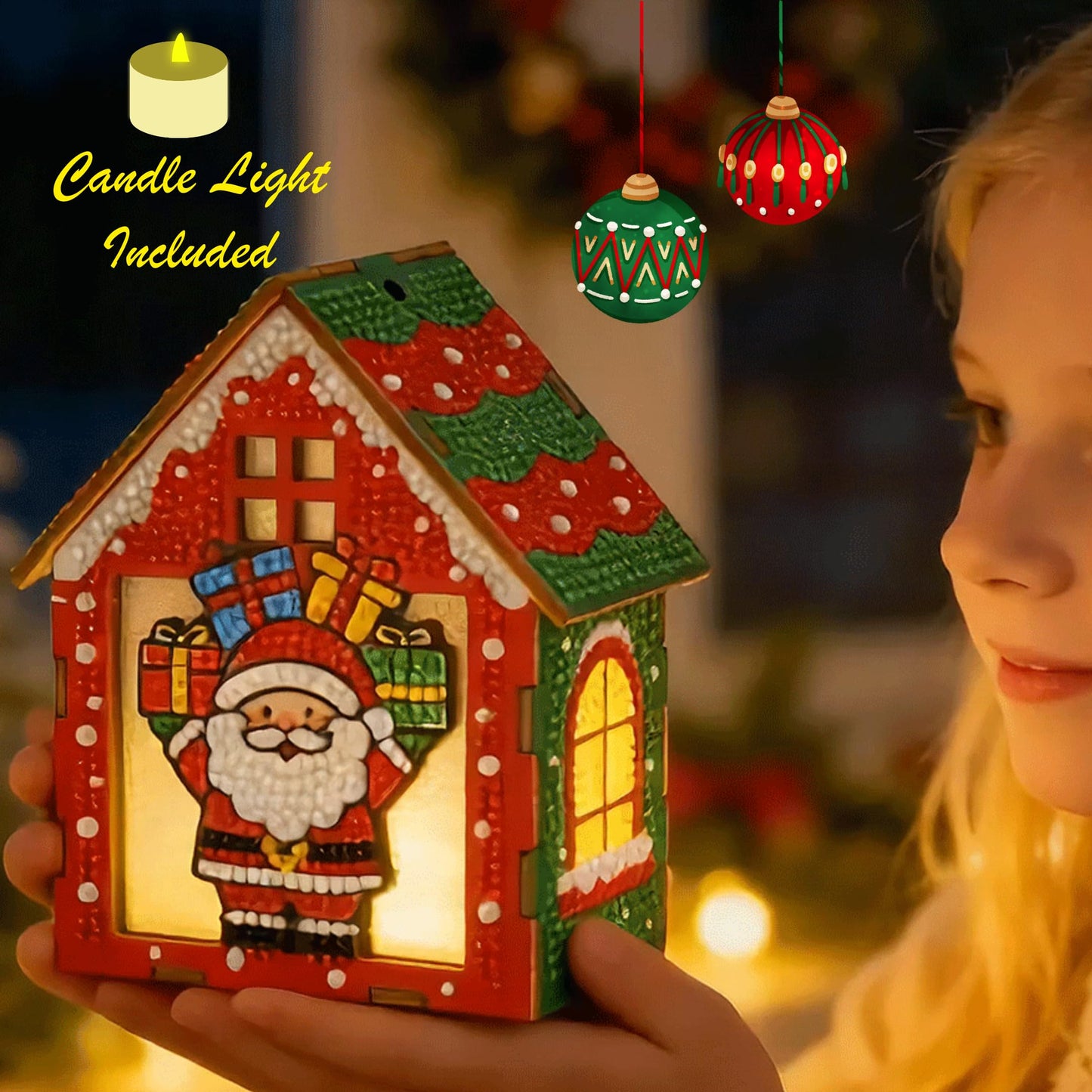 Party Ready LED Light-Up Diamond Painting Christmas Houses – DIY Rhinestone Mosaic Wooden Ornament Set, Holiday Tabletop Decor, Kids Craft Kit (Four Ornament Set)